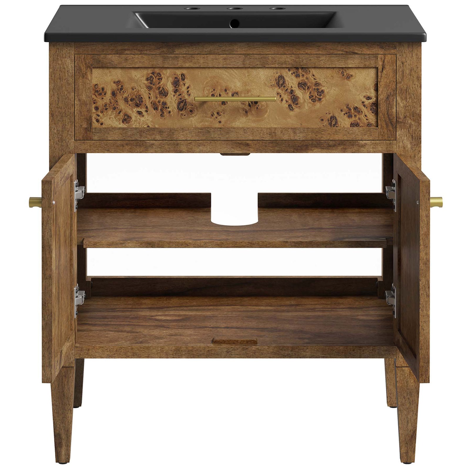 Cabinet doors swing wide to reveal two-tier storage for towels and bottles || EEI-6446-BLK-BRN || front_open_studio