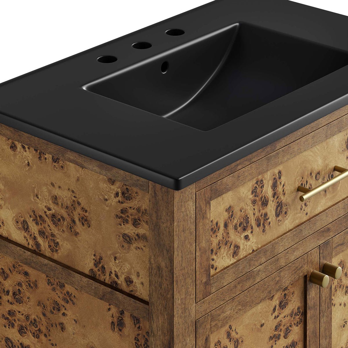 Smooth basin contour and luxe wood grain elevate everyday routines || EEI-6446-BLK-BRN || detail_studio