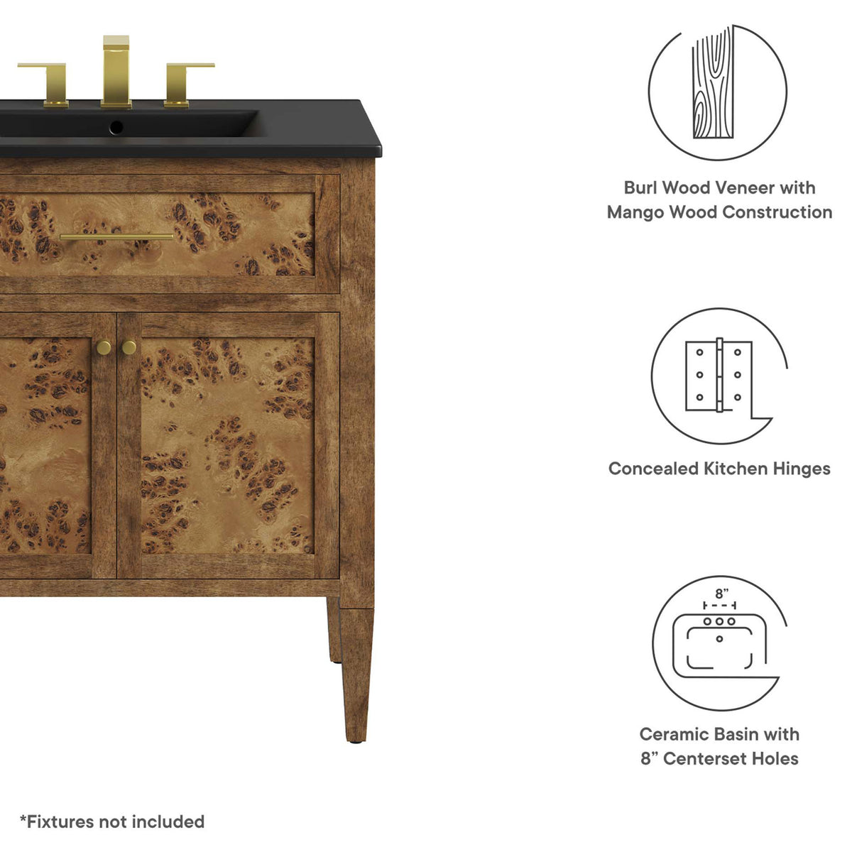 Burl veneer, concealed hinges, and 8-inch faucet holes deliver style and utility || EEI-6446-BLK-BRN || callout_studio
