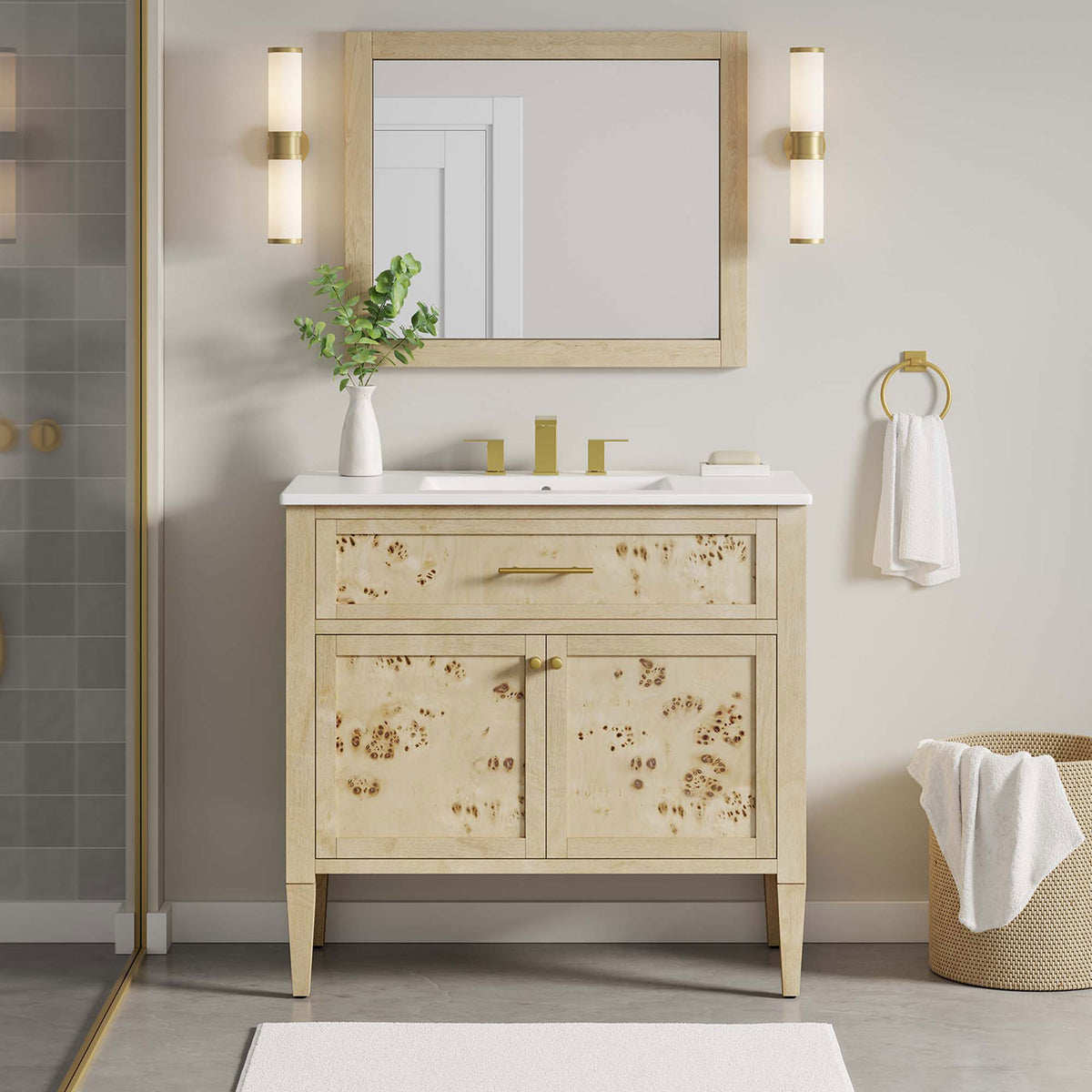 Generous scale and golden burl finish anchor the bath with artisan texture and modern appeal. || EEI-6447-WHI-BUR || front_room
