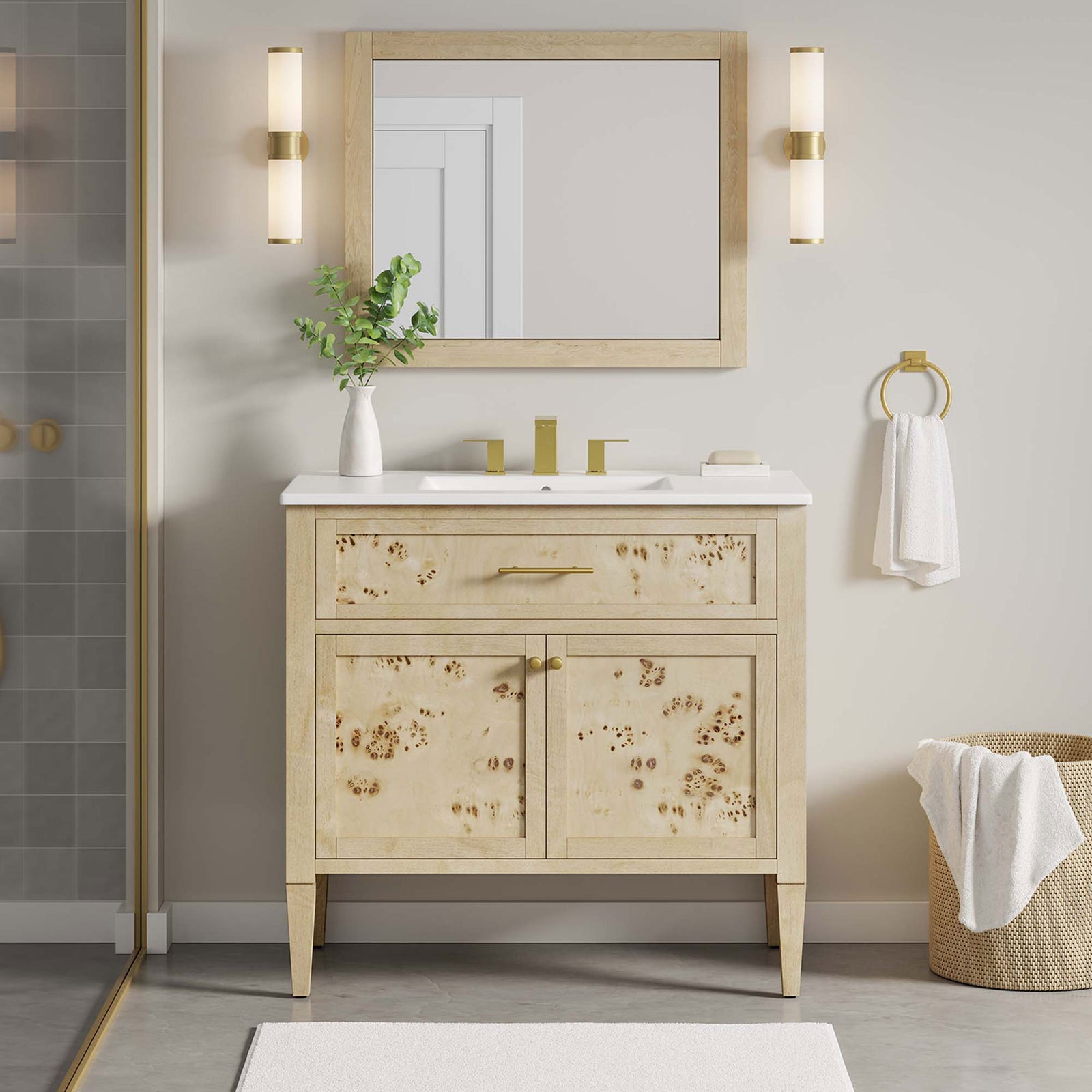 Generous scale and golden burl finish anchor the bath with artisan texture and modern appeal. || EEI-6447-WHI-BUR || front_room