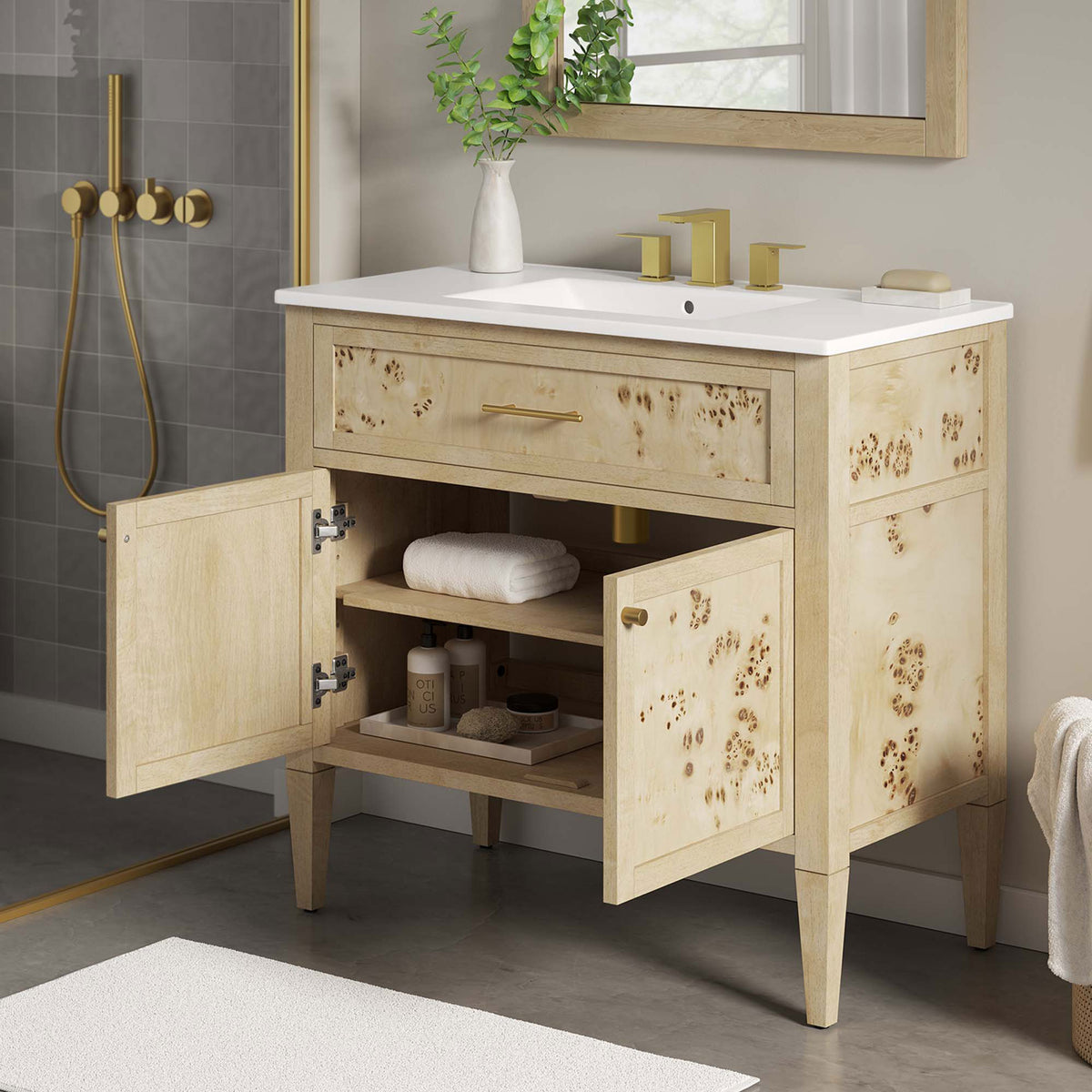 Wide cabinet with adjustable shelf keeps larger essentials organized and accessible. || EEI-6447-WHI-BUR || front_angle_open_room