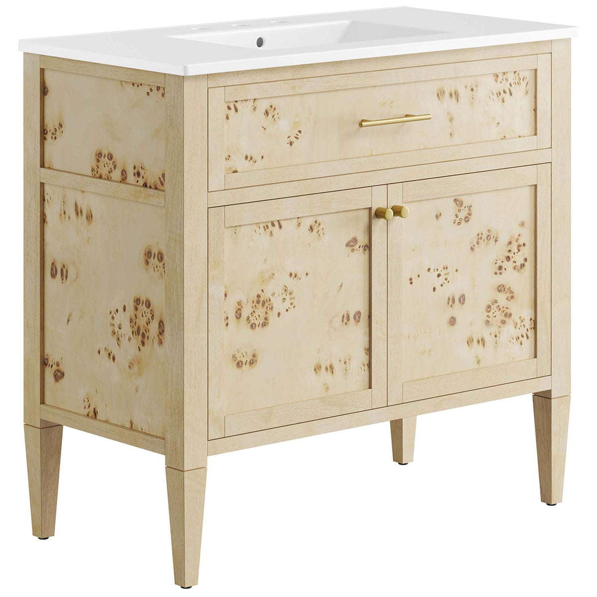 36 inch burl wood vanity offers expansive counter space with a crisp ceramic basin. || EEI-6447-WHI-BUR || front_angle_studio