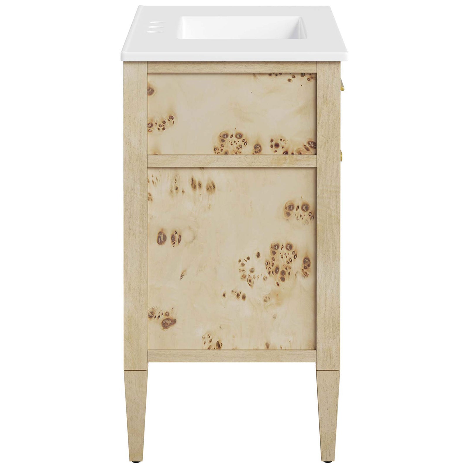 Graceful silhouette highlights flowing burl patterns and tapered legs. || EEI-6447-WHI-BUR || side_studio