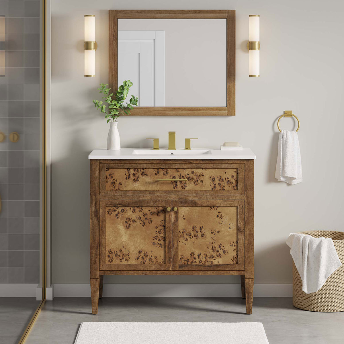 Burl wood vanity anchors a contemporary bathroom setting || EEI-6448-WHI-BRN || front_room