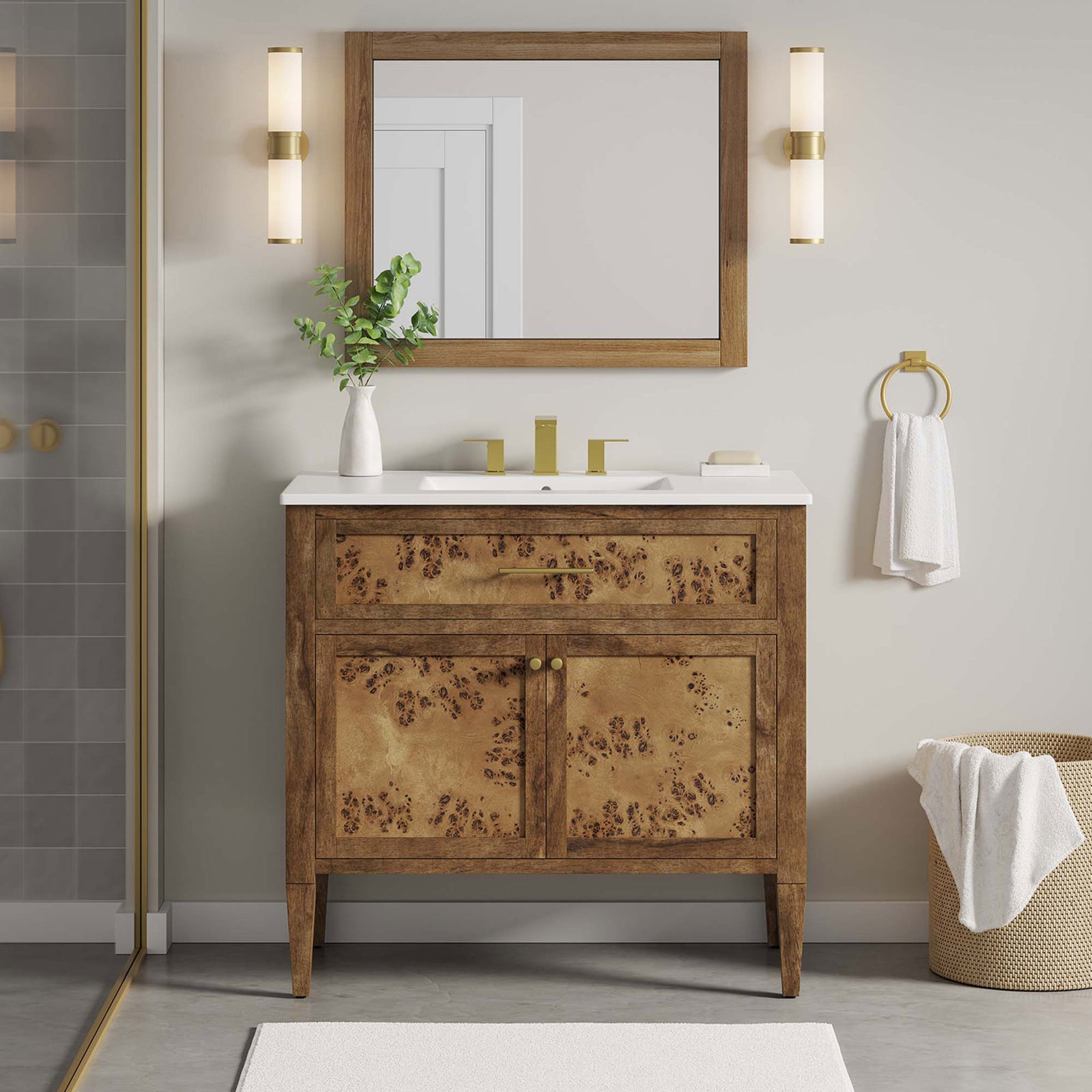 Burl wood vanity anchors a contemporary bathroom setting || EEI-6448-WHI-BRN || front_room