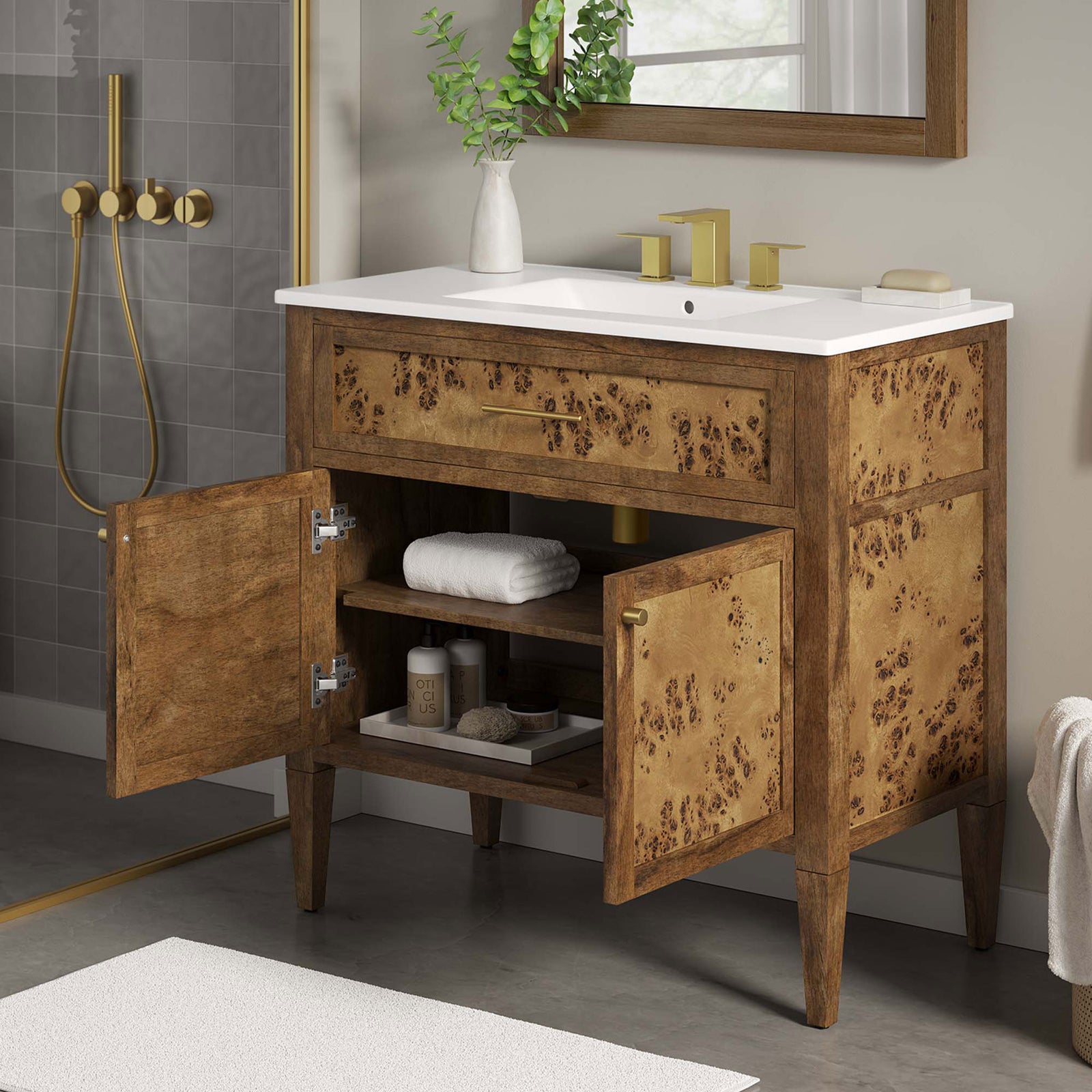 Doors open to reveal roomy shelves in the 36-inch vanity || EEI-6448-WHI-BRN || front_angle_open_room