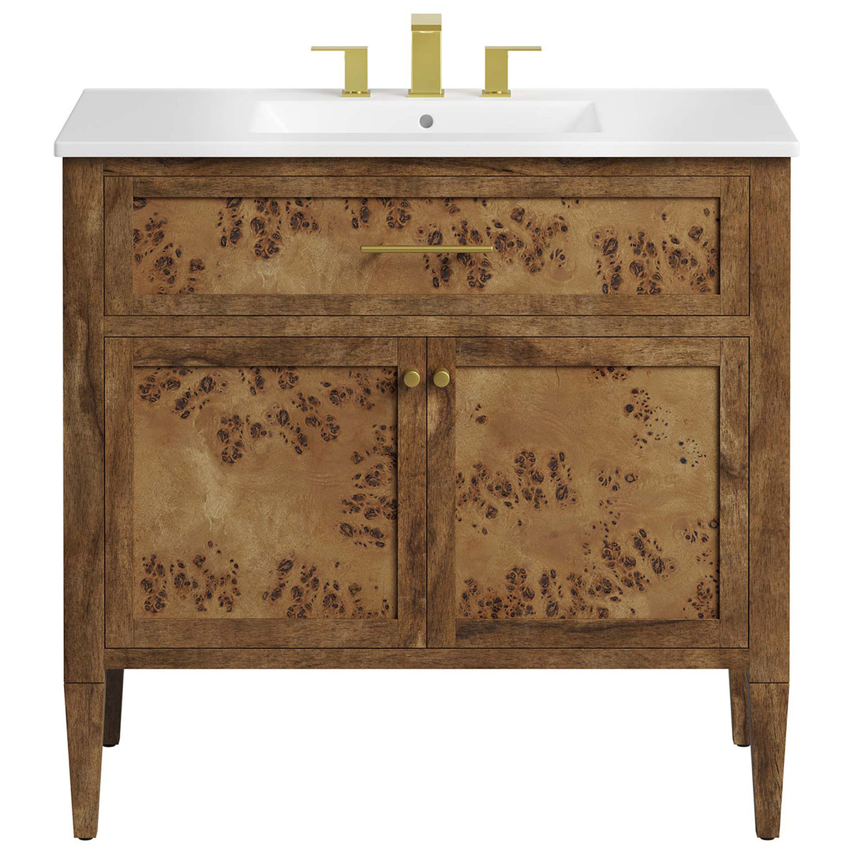 Wide ceramic basin set over a two-door burl wood cabinet || EEI-6448-WHI-BRN || front_studio