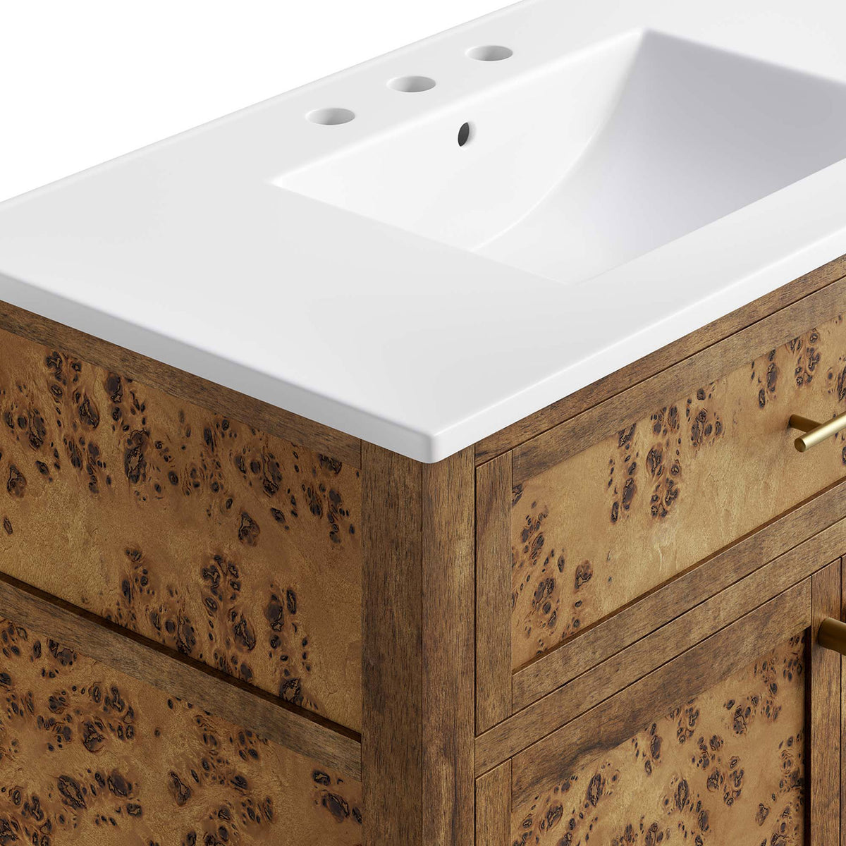 Crisp white basin contrasts with rich burl veneer || EEI-6448-WHI-BRN || detail_studio