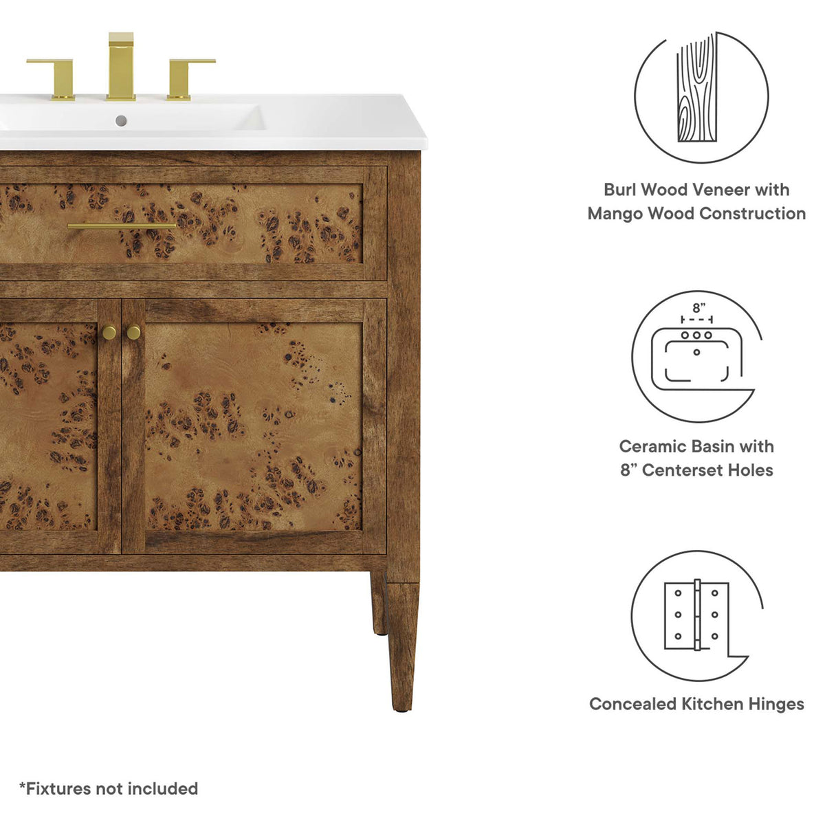 Burl veneer, ceramic basin, and concealed hinges highlighted || EEI-6448-WHI-BRN || callout_studio