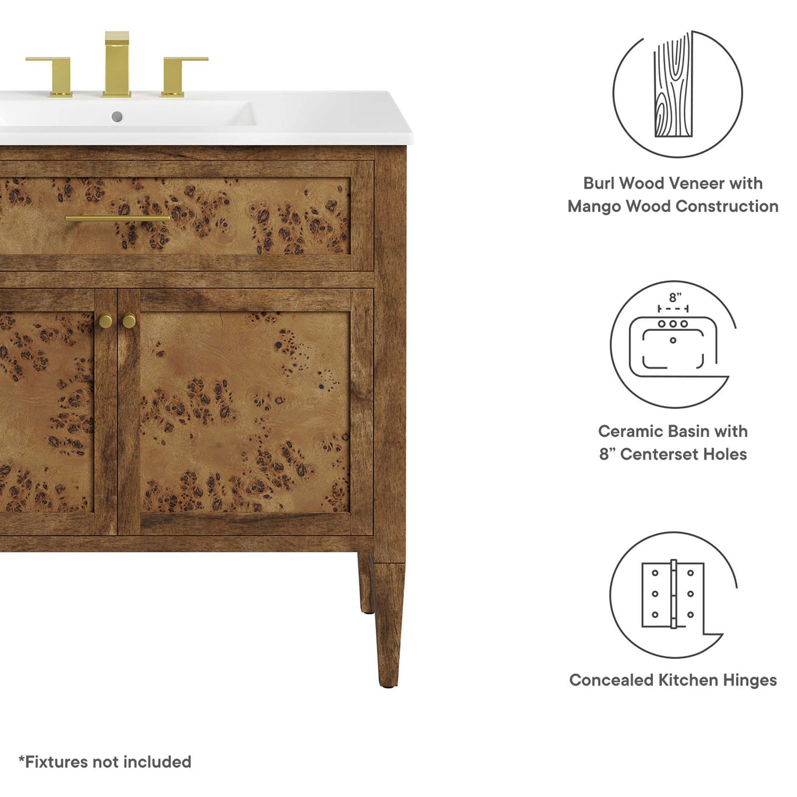 Burl veneer, ceramic basin, and concealed hinges highlighted || EEI-6448-WHI-BRN || callout_studio