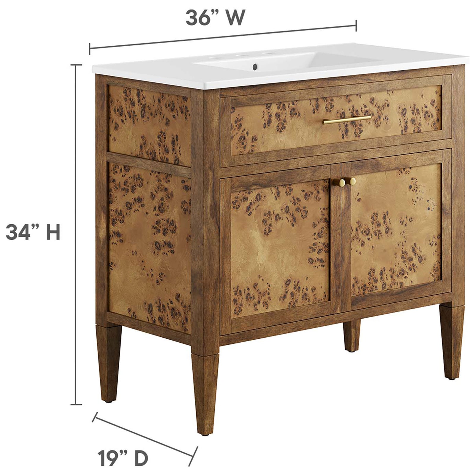 36-inch vanity dimensions with width, depth, and height shown || EEI-6448-WHI-BRN || dimension_studio