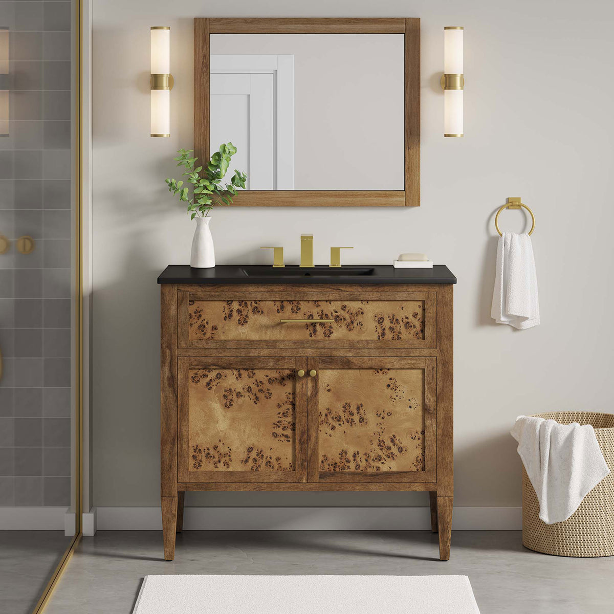 Rich grain and subtle brass details elevate the bath || EEI-6450-BLK-BRN || front_room