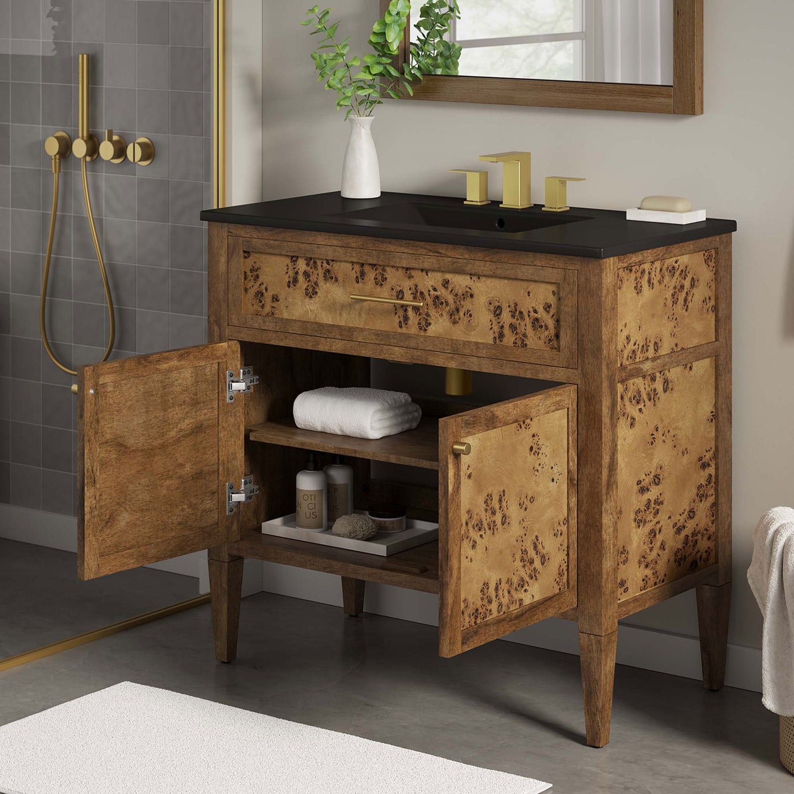 Open storage brings function and warmth to the contemporary bath || EEI-6450-BLK-BRN || front_angle_open_room