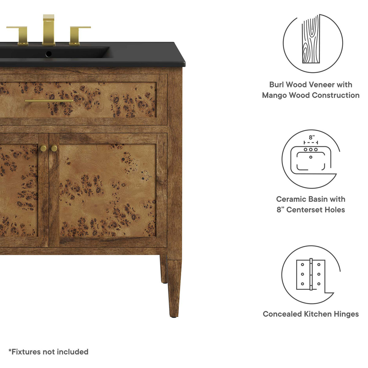 Burl wood veneer, concealed hinges, and a wide basin combine durability and style || EEI-6450-BLK-BRN || callout_studio