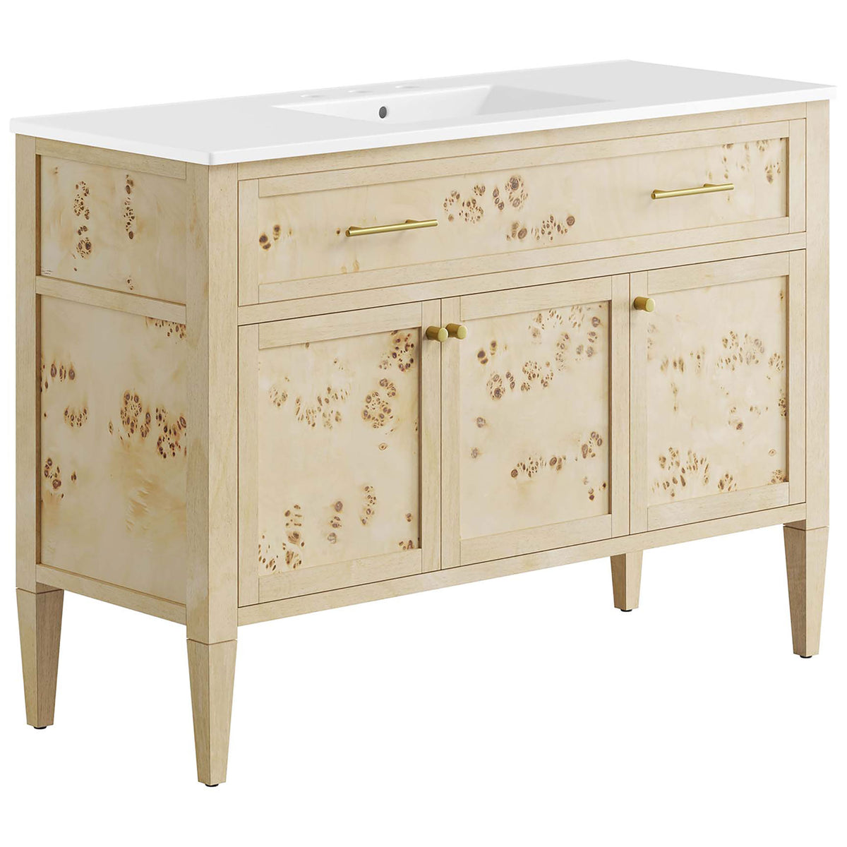 Burl wood vanity with integrated white sink, brass hardware, and tapered legs. || EEI-6451-WHI-BUR || front_angle_studio