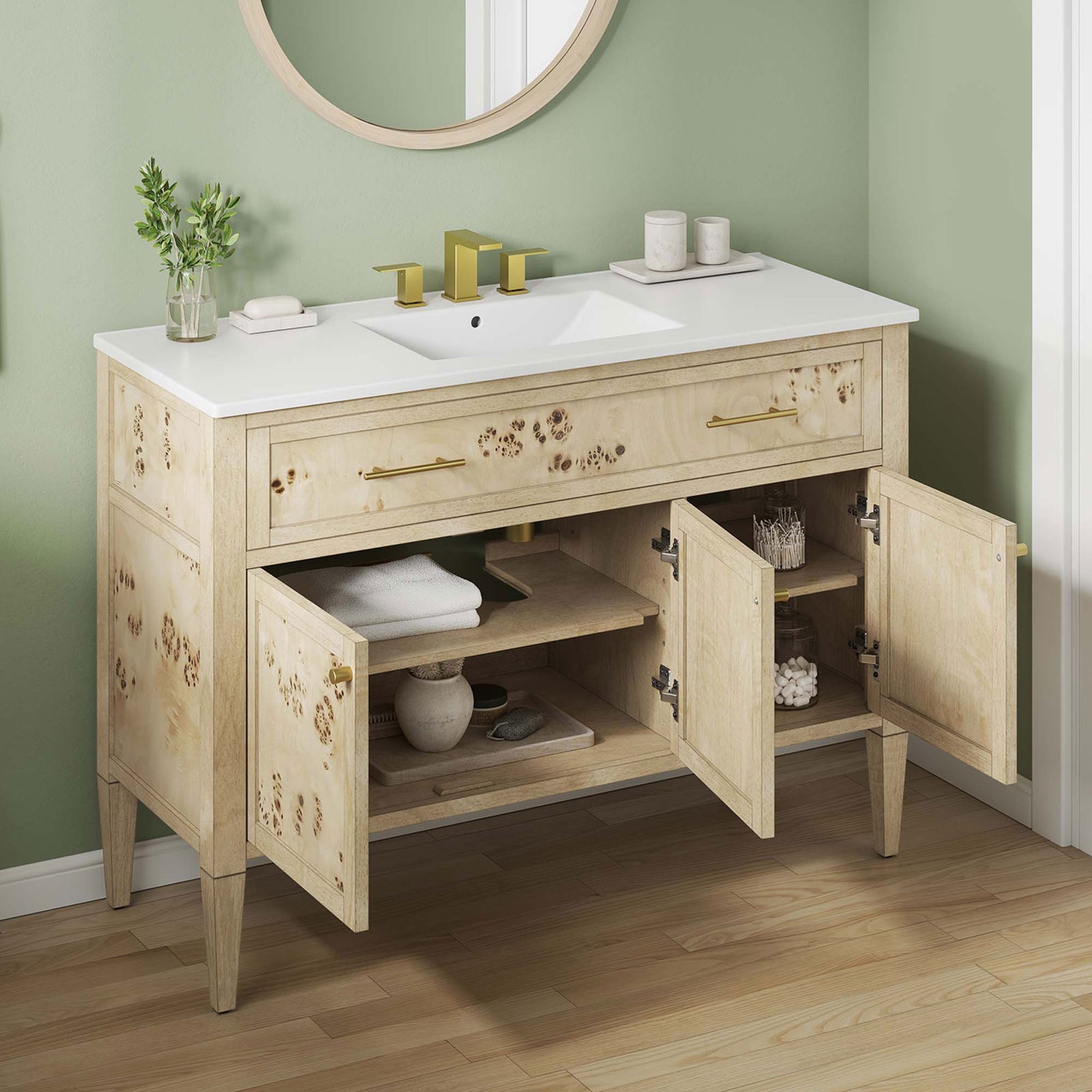 Open storage keeps toiletries handy while burl doors and brass hardware add modern warmth. || EEI-6451-WHI-BUR || front_angle_open_room