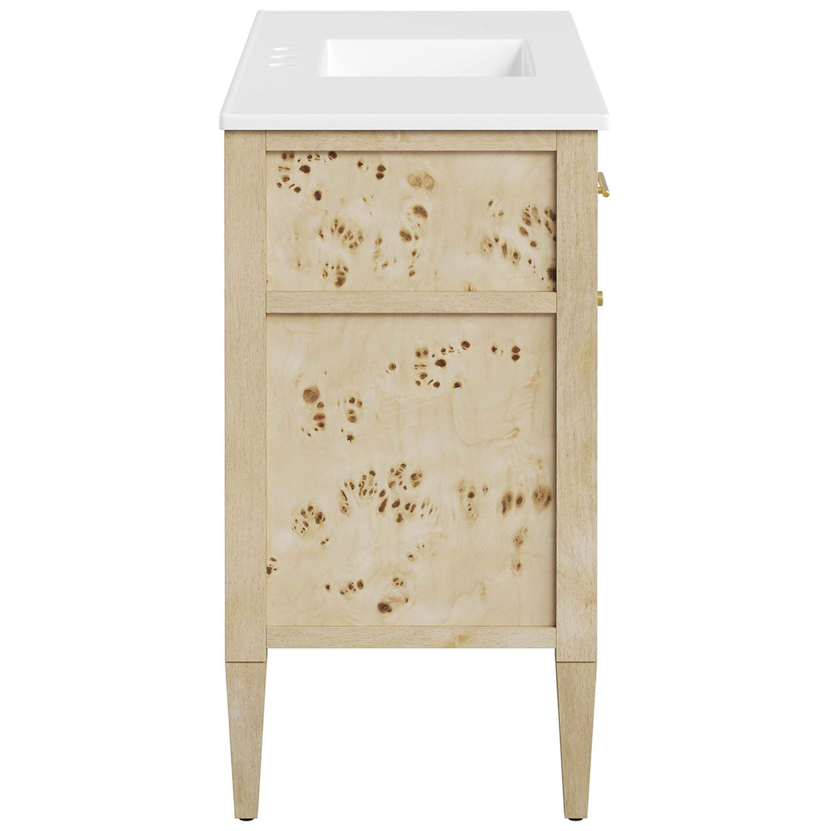 Sleek profile reveals mango wood grain, burl veneer panels, and tapered legs. || EEI-6451-WHI-BUR || side_studio