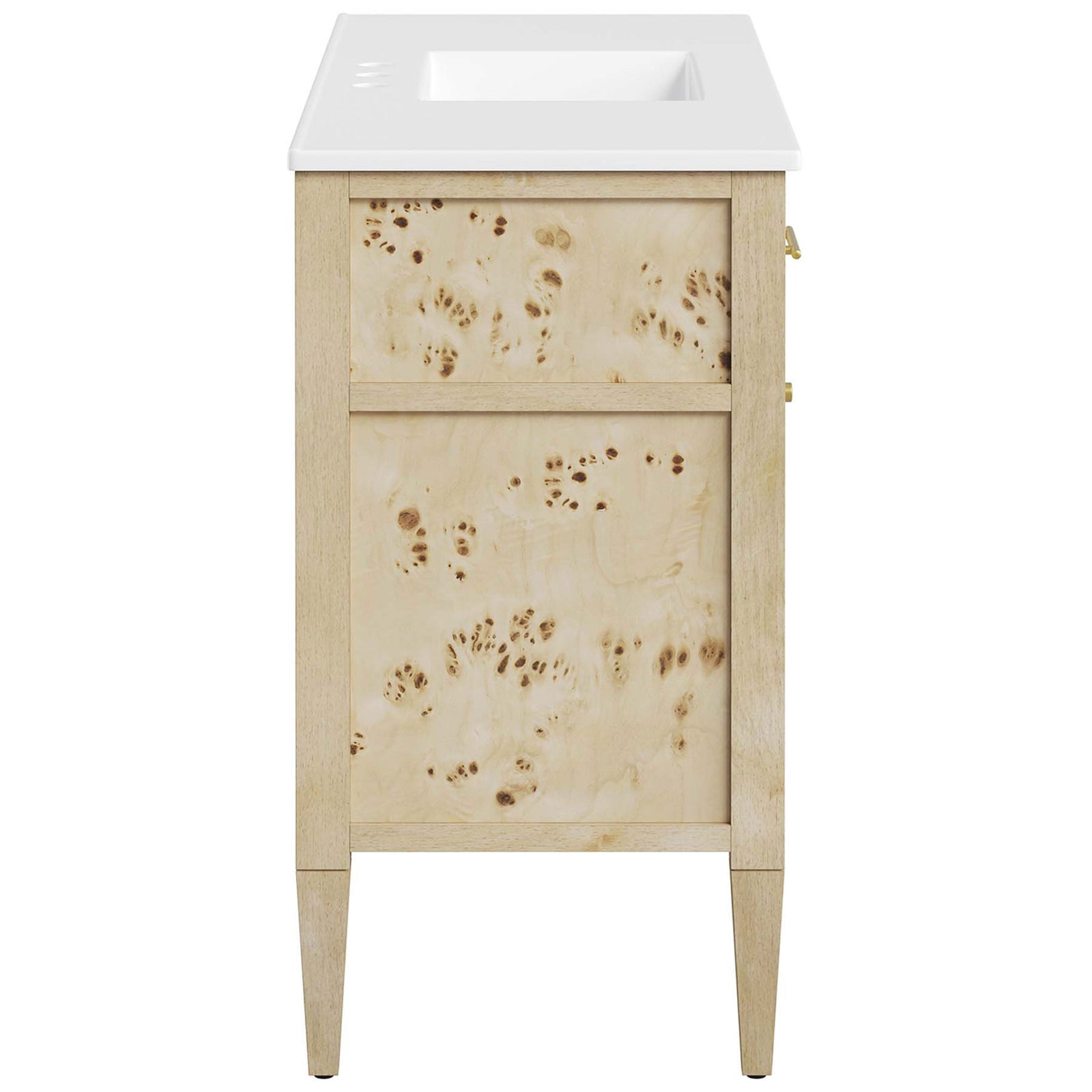 Sleek profile reveals mango wood grain, burl veneer panels, and tapered legs. || EEI-6451-WHI-BUR || side_studio