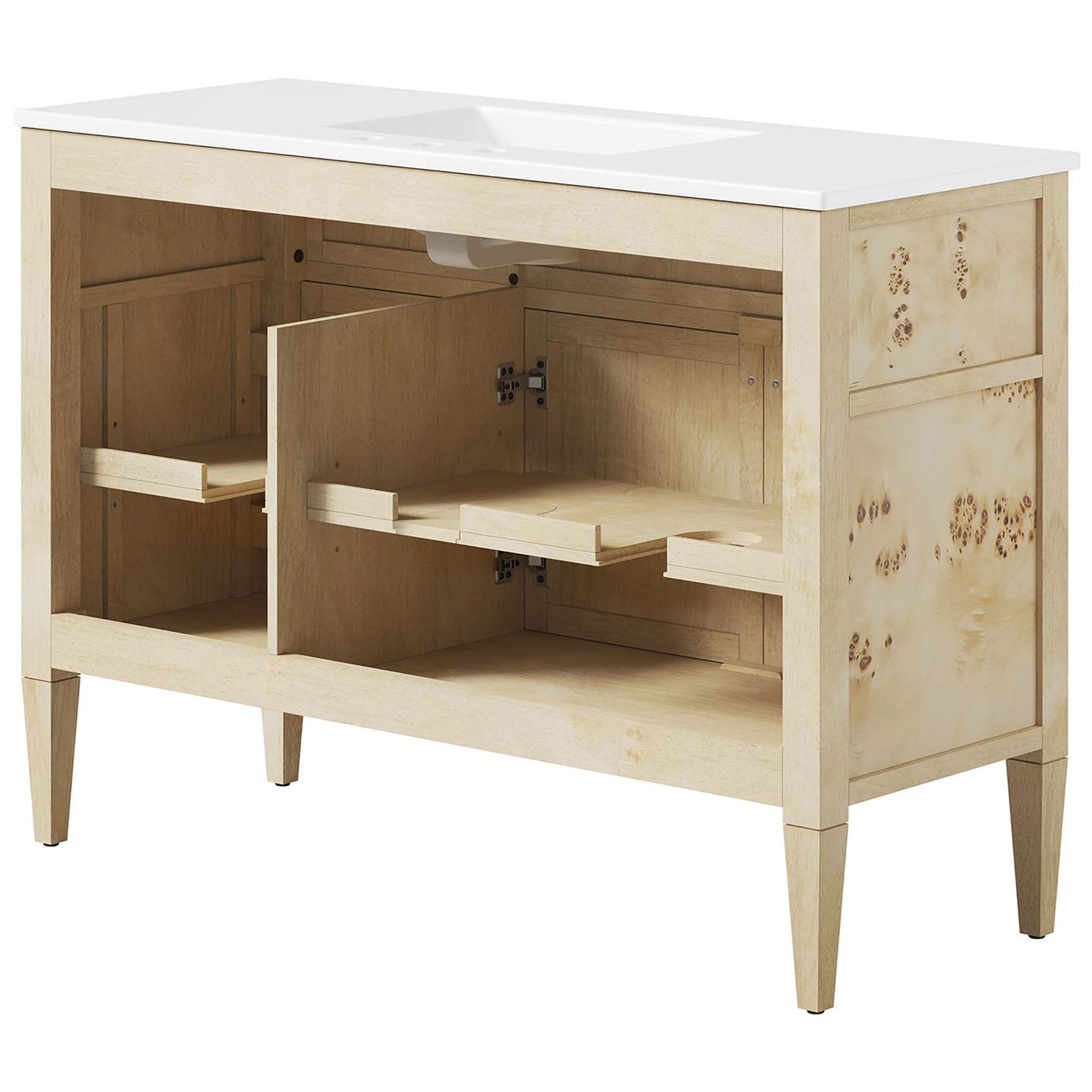 Plumbing cutout and wide shelves maximize storage for bathroom essentials. || EEI-6451-WHI-BUR || back_angle_studio