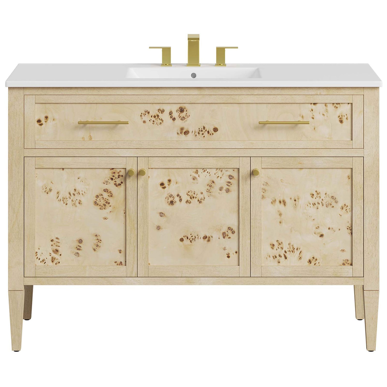 Refined vanity pairs a white countertop and integrated basin with burl fronts and brass pulls. || EEI-6451-WHI-BUR || front_studio
