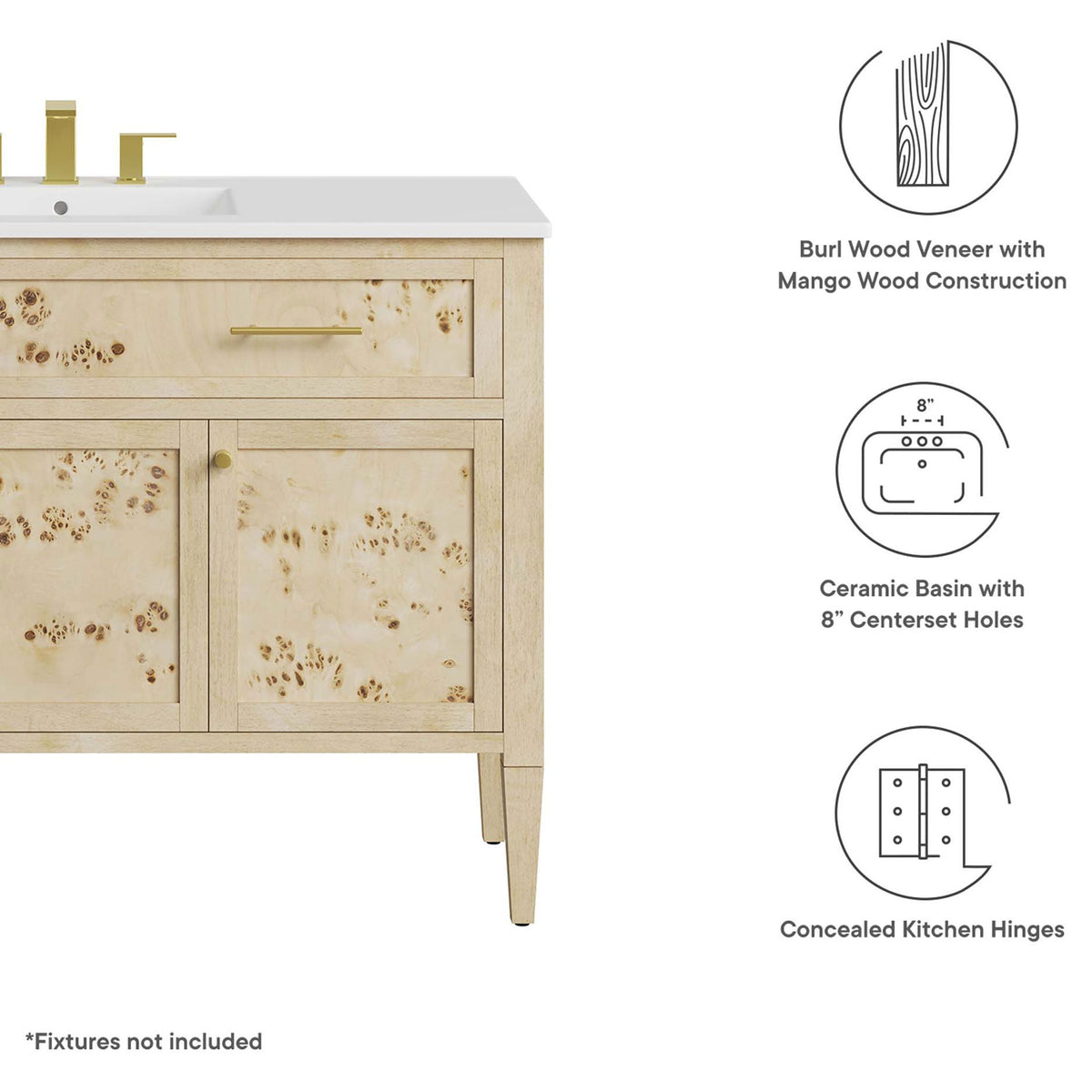 Burl wood veneer, ceramic basin with 8-inch centerset holes, and concealed hinges. || EEI-6451-WHI-BUR || callout_studio