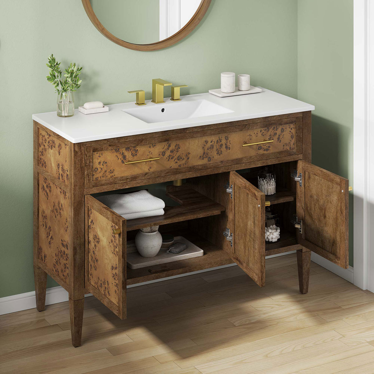 Open storage keeps towels and essentials handy beneath the clean white sink || EEI-6452-WHI-BRN || front_open_room