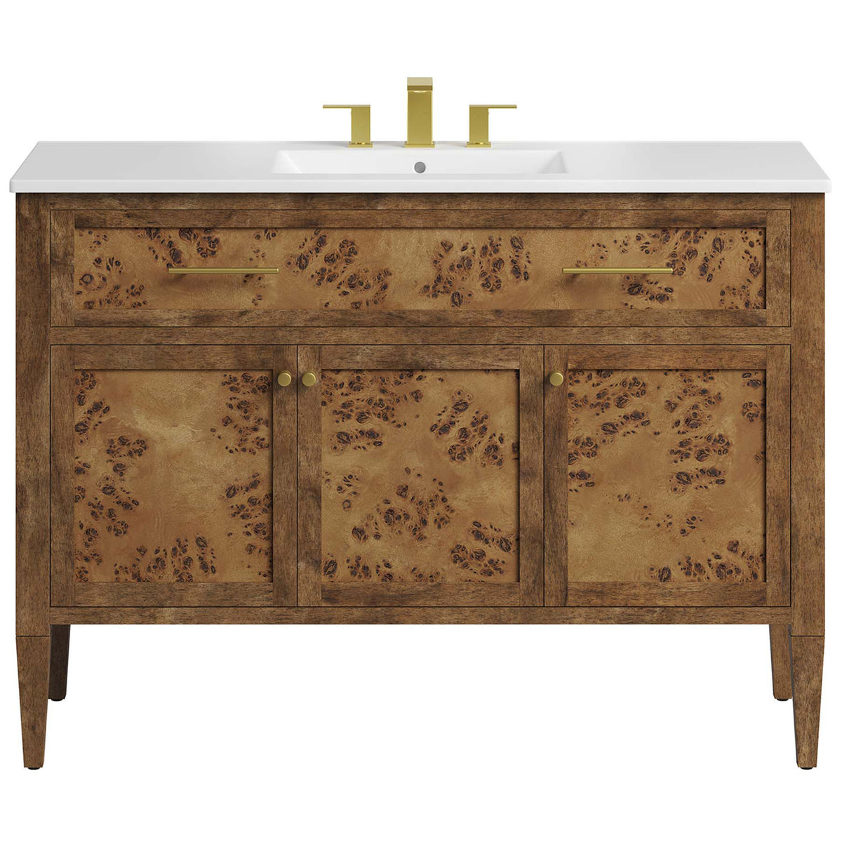 Burl-figured doors and brass pulls pair with a seamless ceramic sink for refined style || EEI-6452-WHI-BRN || front_studio