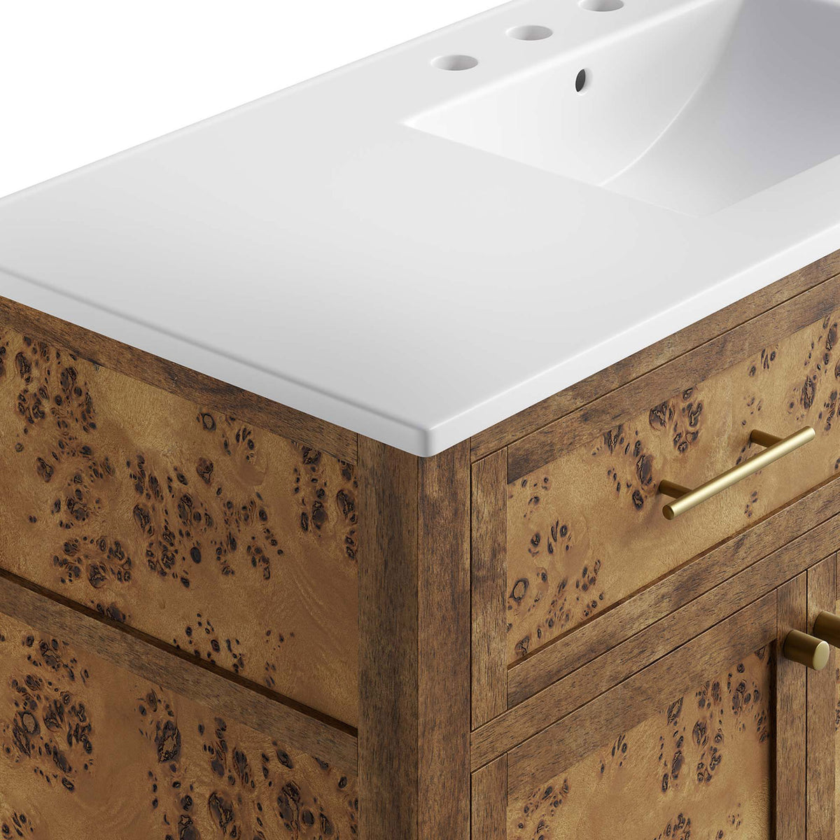 Smooth ceramic countertop meets burl veneer and brass pull for a luxe, crafted finish || EEI-6452-WHI-BRN || detail_studio