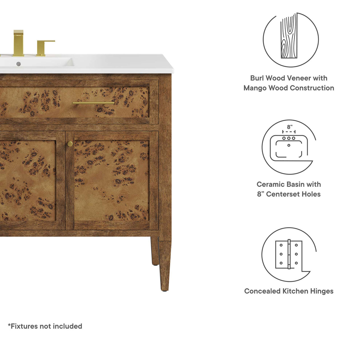 Highlights include burl veneer over mango wood, ceramic basin with 3 holes, and concealed hinges || EEI-6452-WHI-BRN || callout_studio