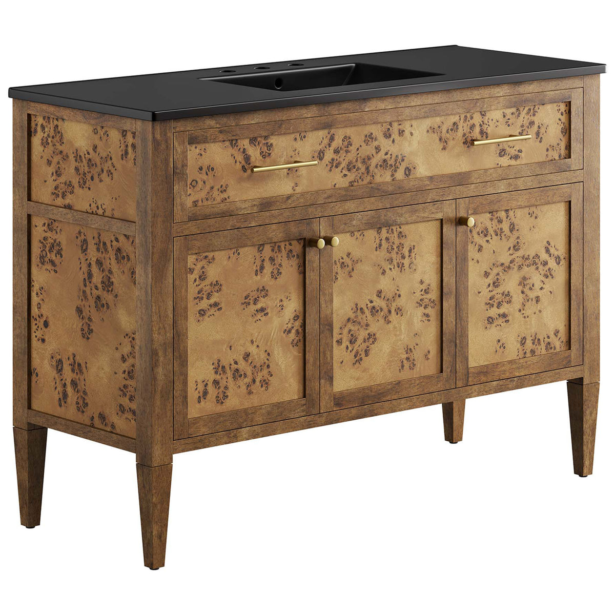 Burl wood vanity with black integrated sink, brass pulls, and tapered legs. || EEI-6453-BLK-BRN || front_angle_studio