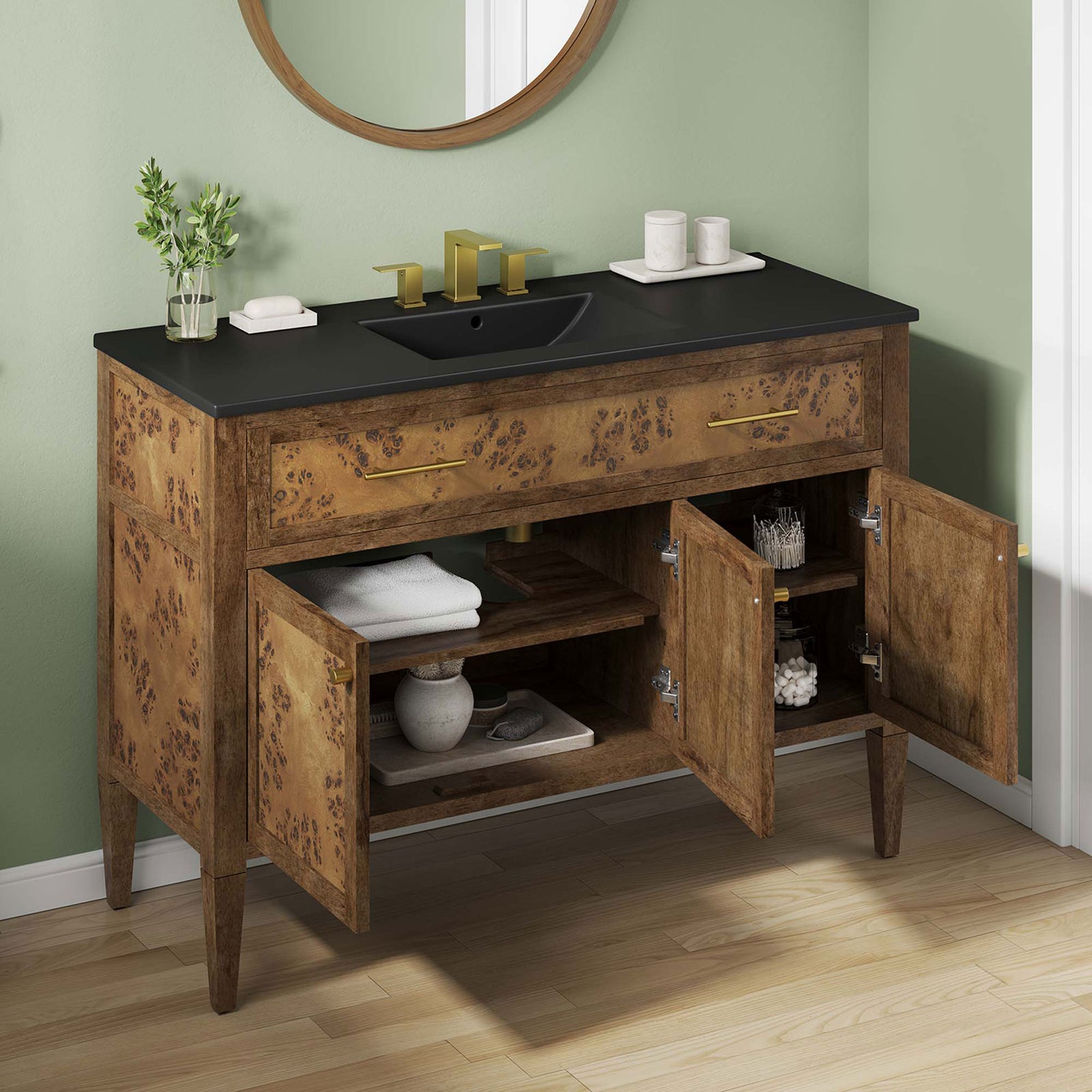 Open storage keeps essentials handy while burl wood doors add organic character. || EEI-6453-BLK-BRN || front_angle_open_room