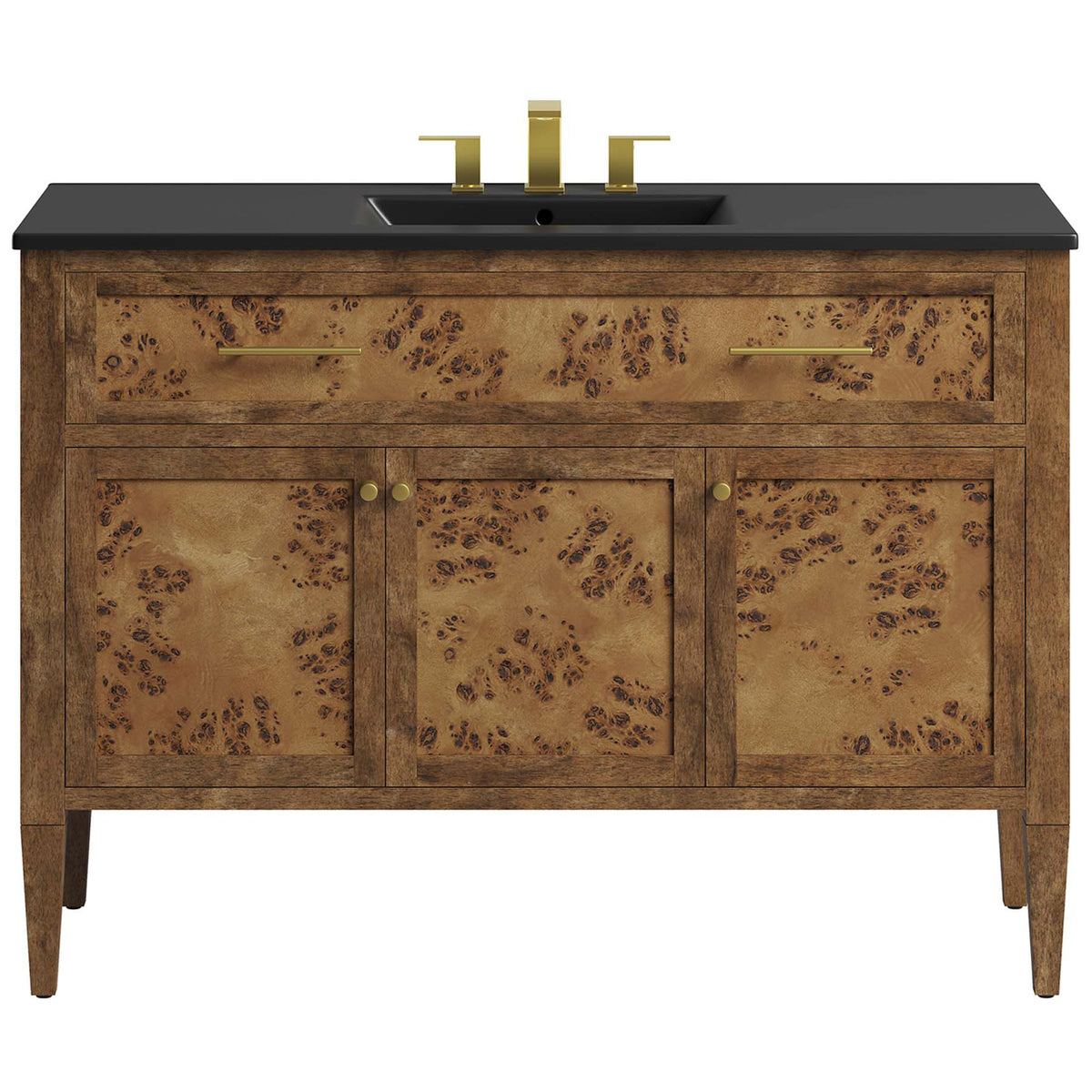 Burl wood vanity with black countertop and satin brass hardware for a sophisticated finish. || EEI-6453-BLK-BRN || front_studio