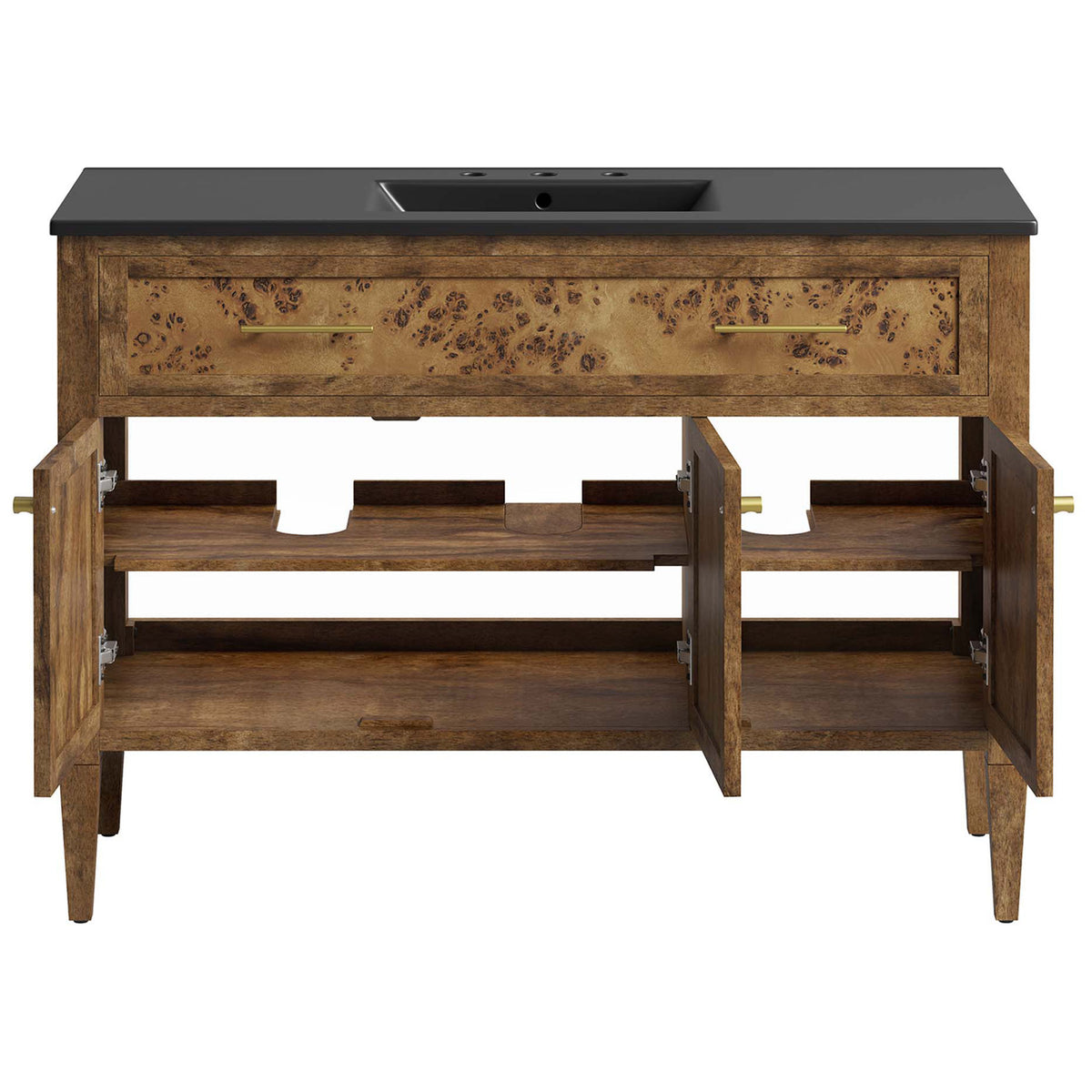 Dual doors open to roomy storage with shelf and plumbing cutout. || EEI-6453-BLK-BRN || front_open_studio