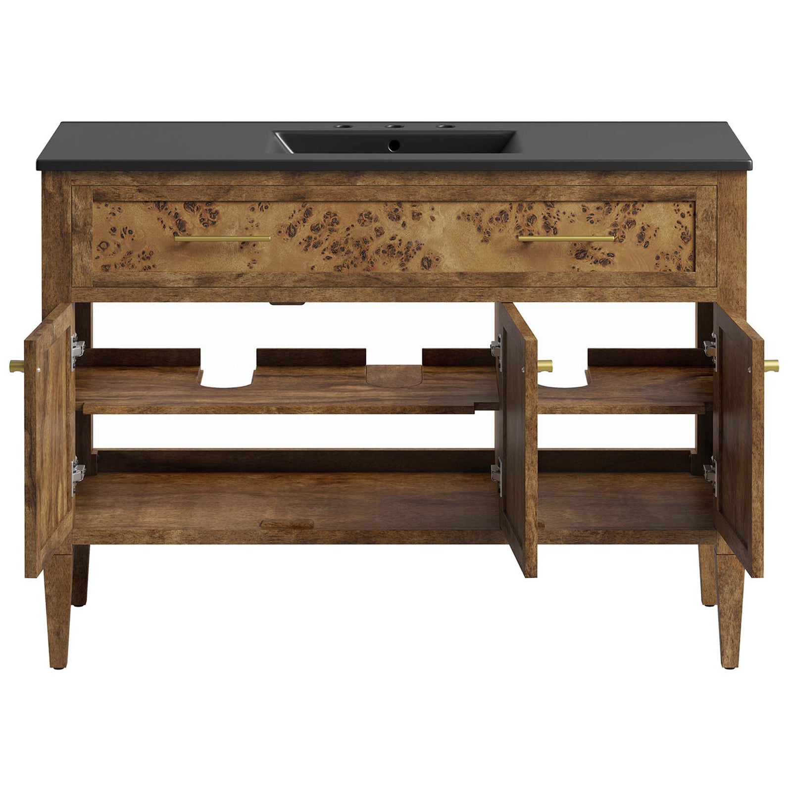 Dual doors open to roomy storage with shelf and plumbing cutout. || EEI-6453-BLK-BRN || front_open_studio