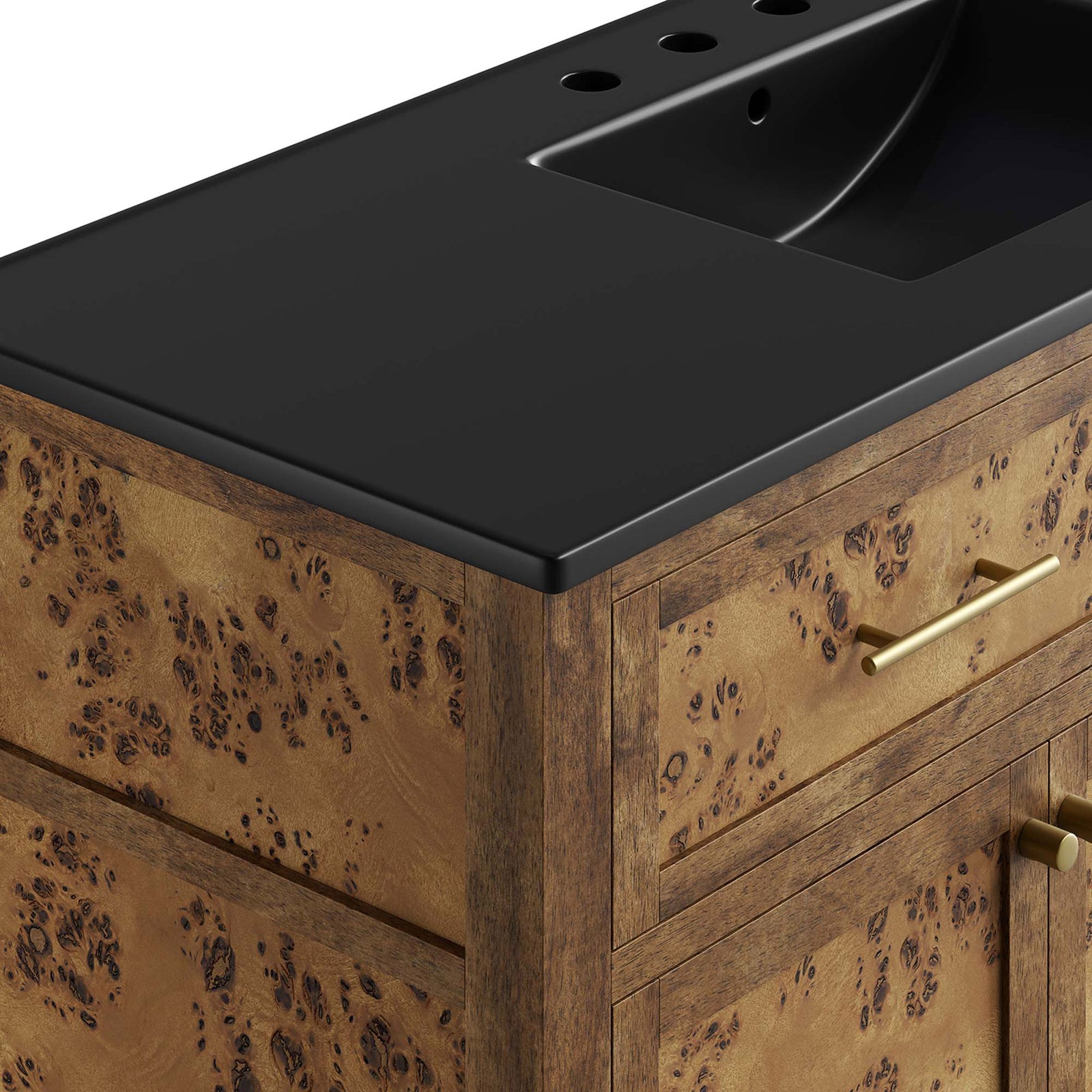 Matte black sink with smooth, rounded countertop edge and predrilled faucet holes. || EEI-6453-BLK-BRN || detail_studio