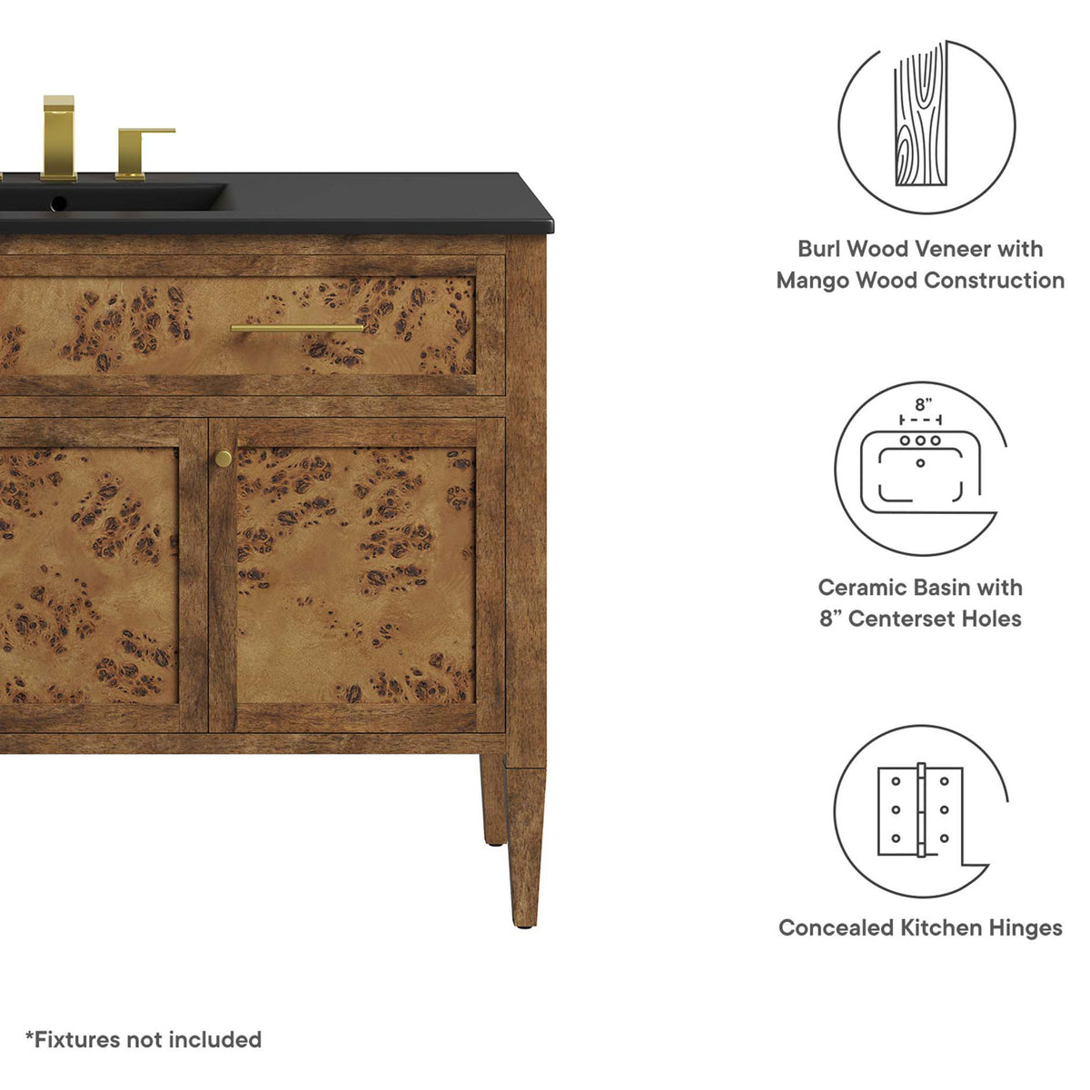 Key features include burl veneer, ceramic basin with 8-inch faucet holes, and concealed hinges. || EEI-6453-BLK-BRN || callout_studio