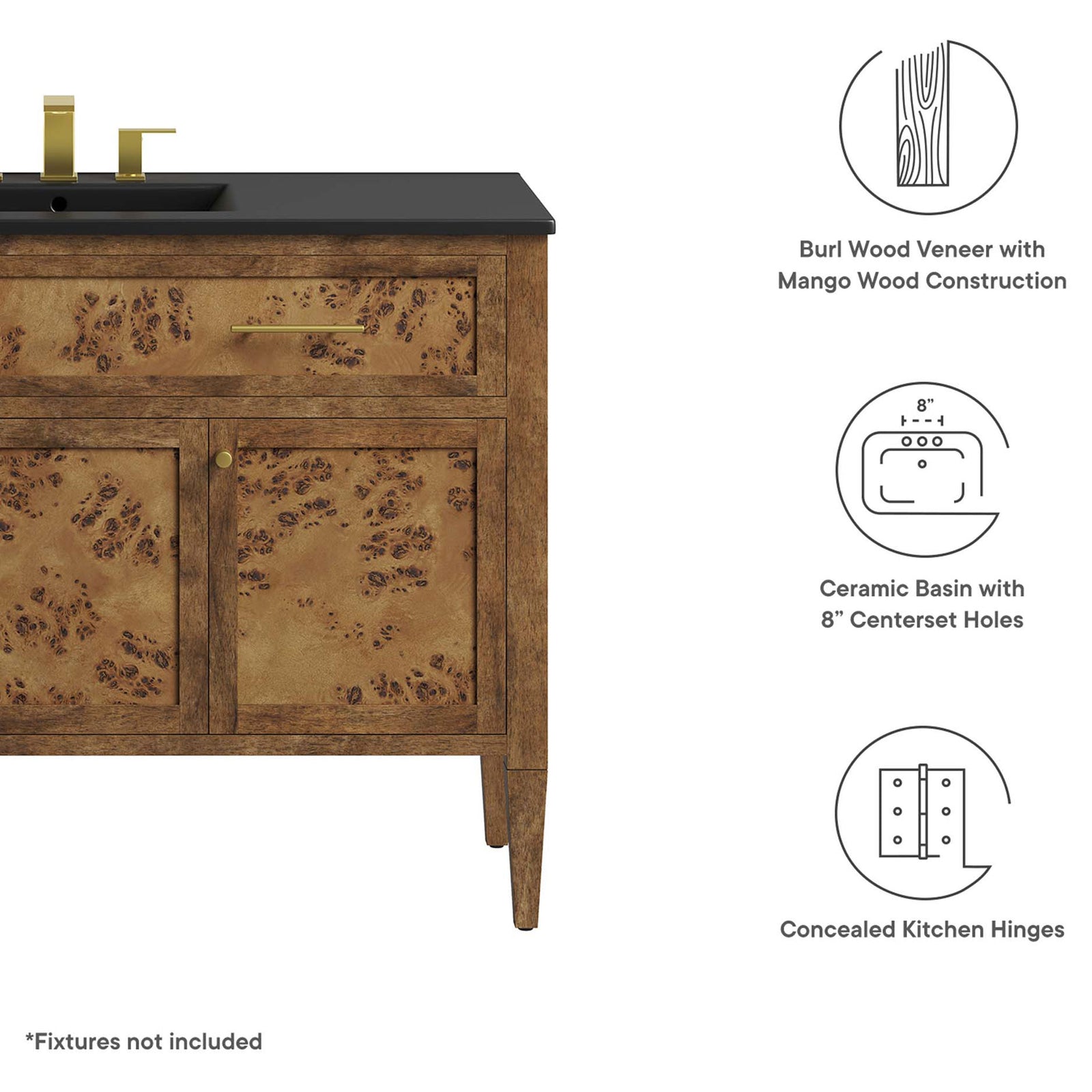 Key features include burl veneer, ceramic basin with 8-inch faucet holes, and concealed hinges. || EEI-6453-BLK-BRN || callout_studio