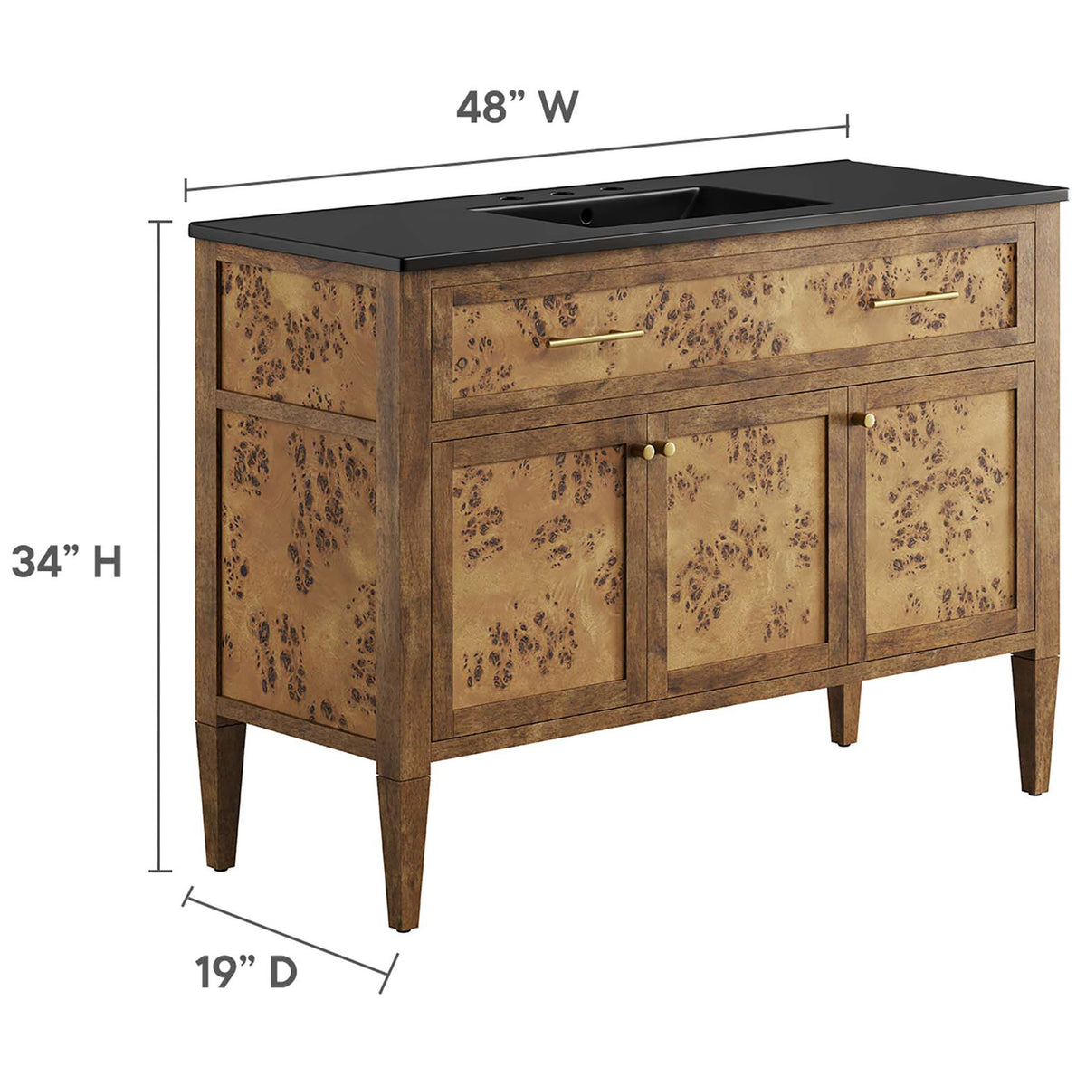 Vanity measures 48 inches wide, 19 inches deep, and 34 inches high. || EEI-6453-BLK-BRN || dimension_studio