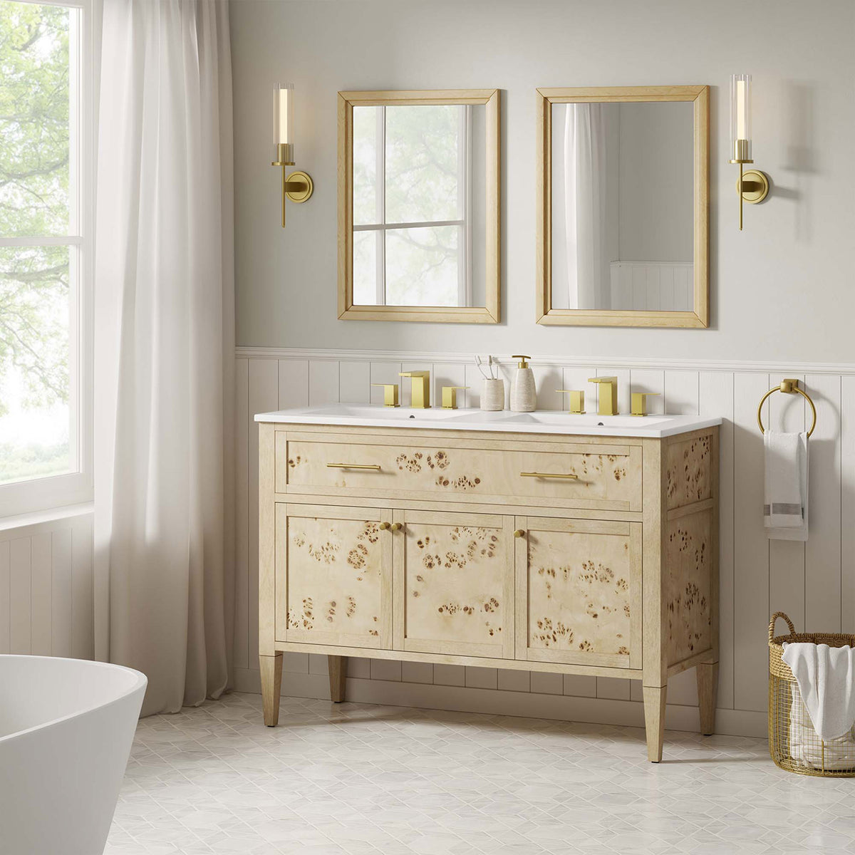 Warm burl wood vanity adds organic texture and modern elegance to the bathroom || EEI-6454-WHI-BUR || front_angle_room