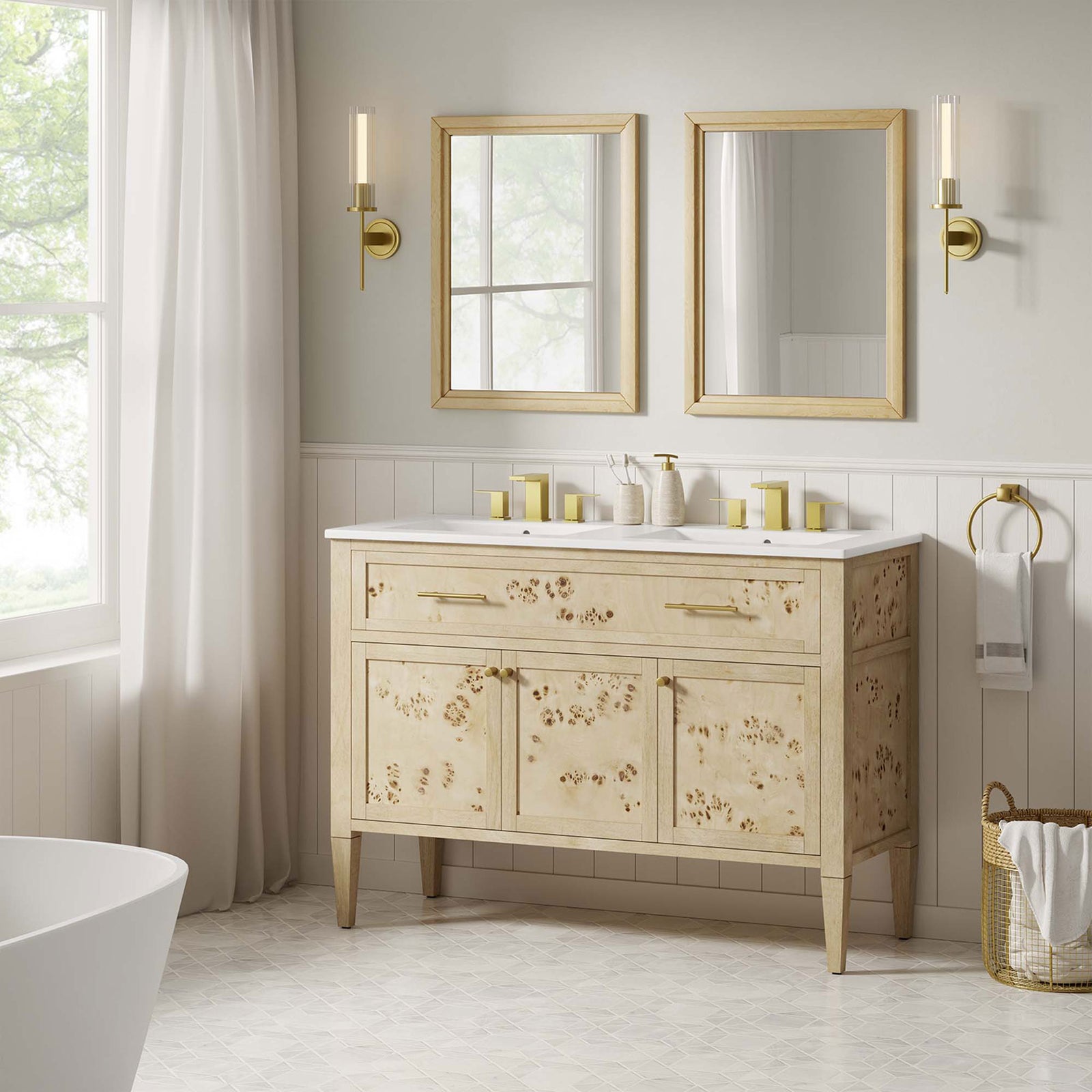 Warm burl wood vanity adds organic texture and modern elegance to the bathroom || EEI-6454-WHI-BUR || front_angle_room
