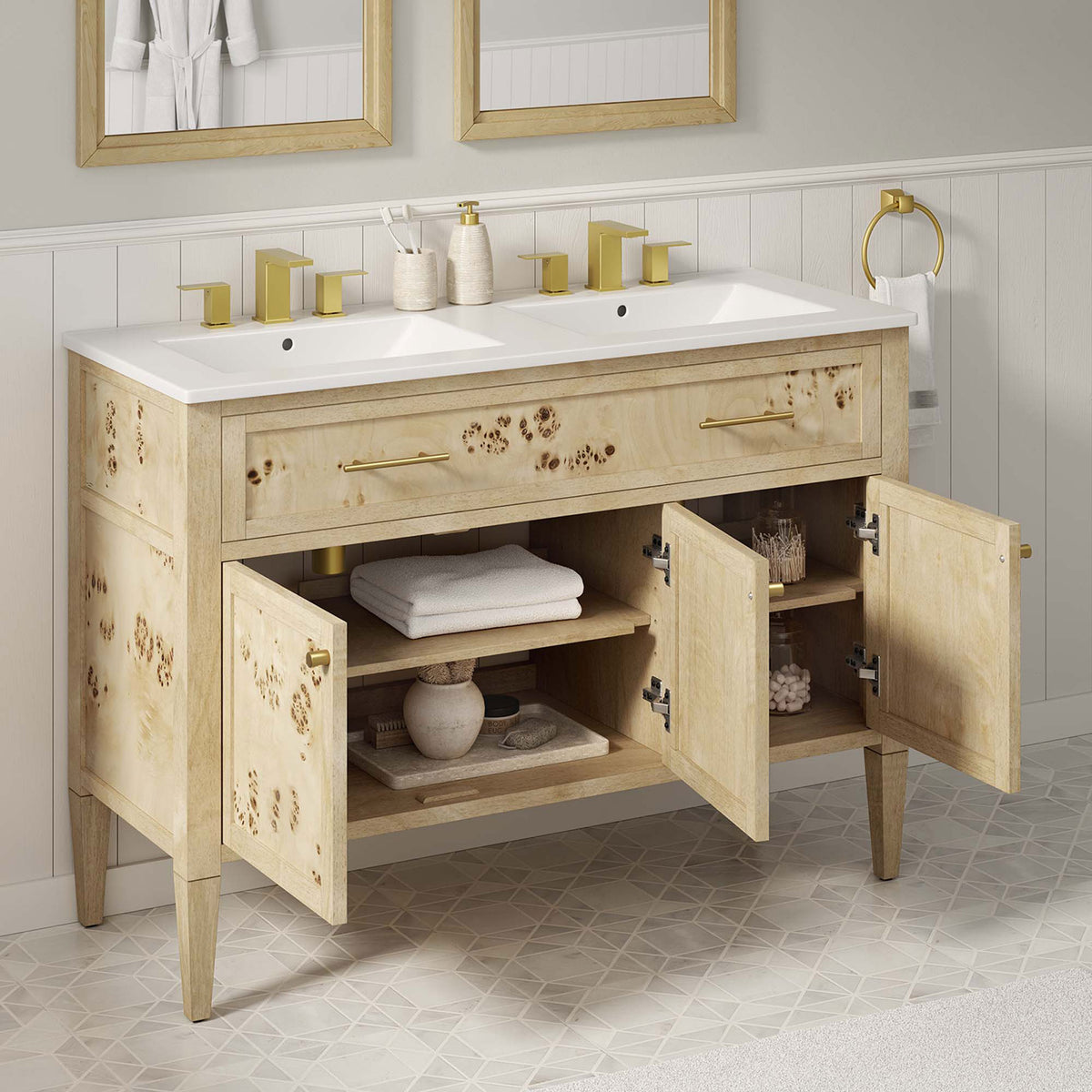 Ample cabinet space keeps towels and essentials neatly organized behind paneled doors || EEI-6454-WHI-BUR || front_angle_open_room