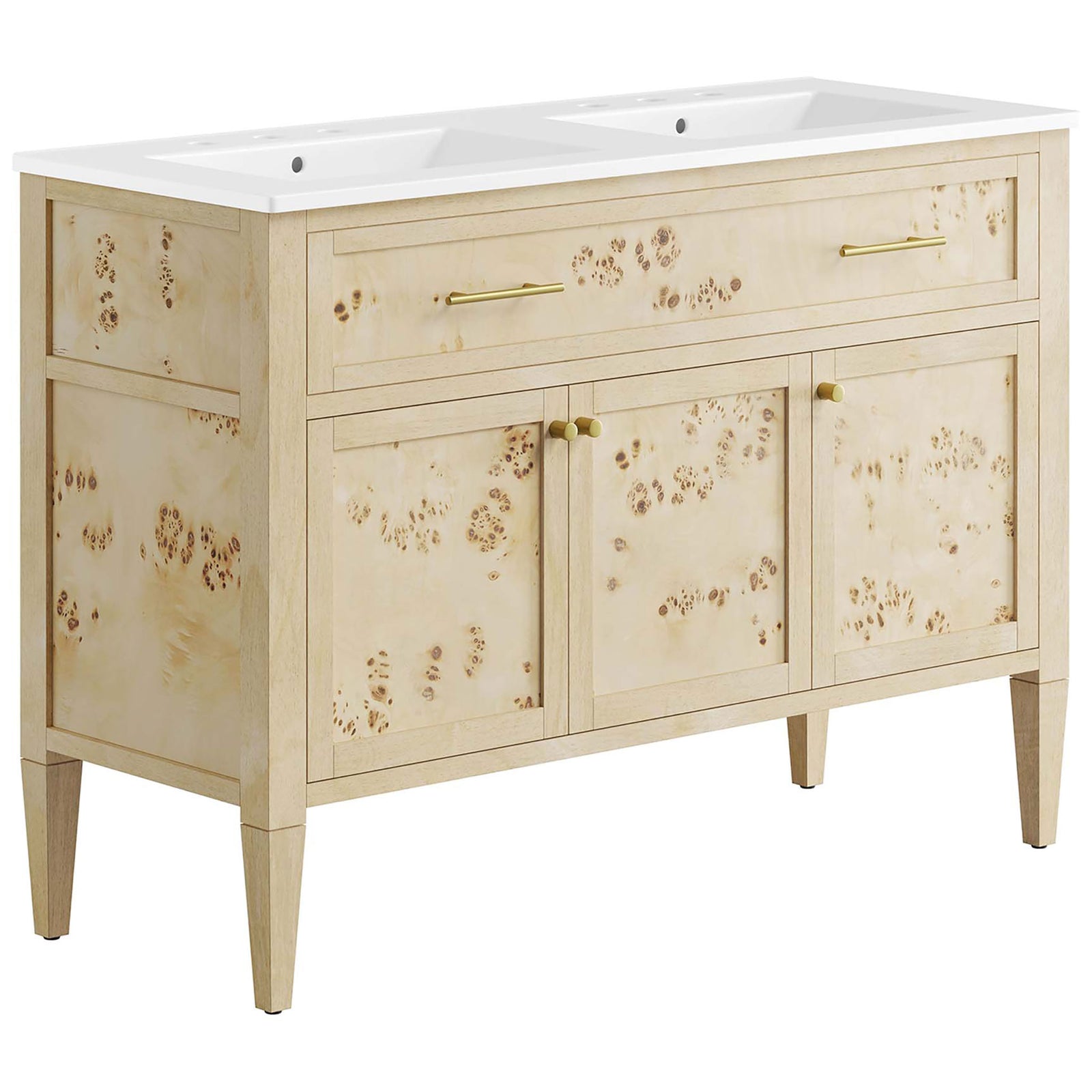 Burl wood double-sink vanity with tapered legs and gold-tone hardware || EEI-6454-WHI-BUR || front_angle_studio