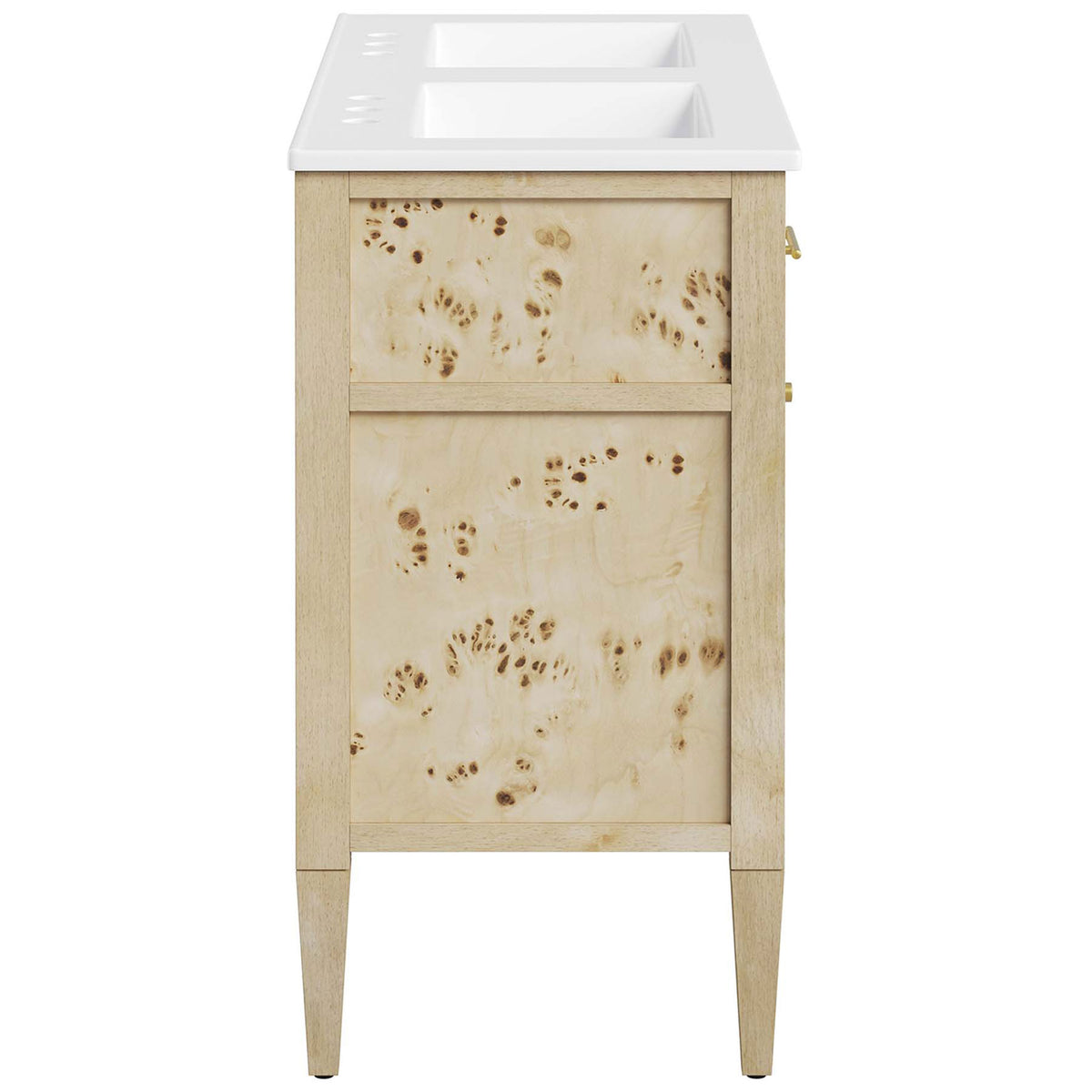 Smooth burl wood side panels and slender legs showcase the natural grain || EEI-6454-WHI-BUR || side_studio