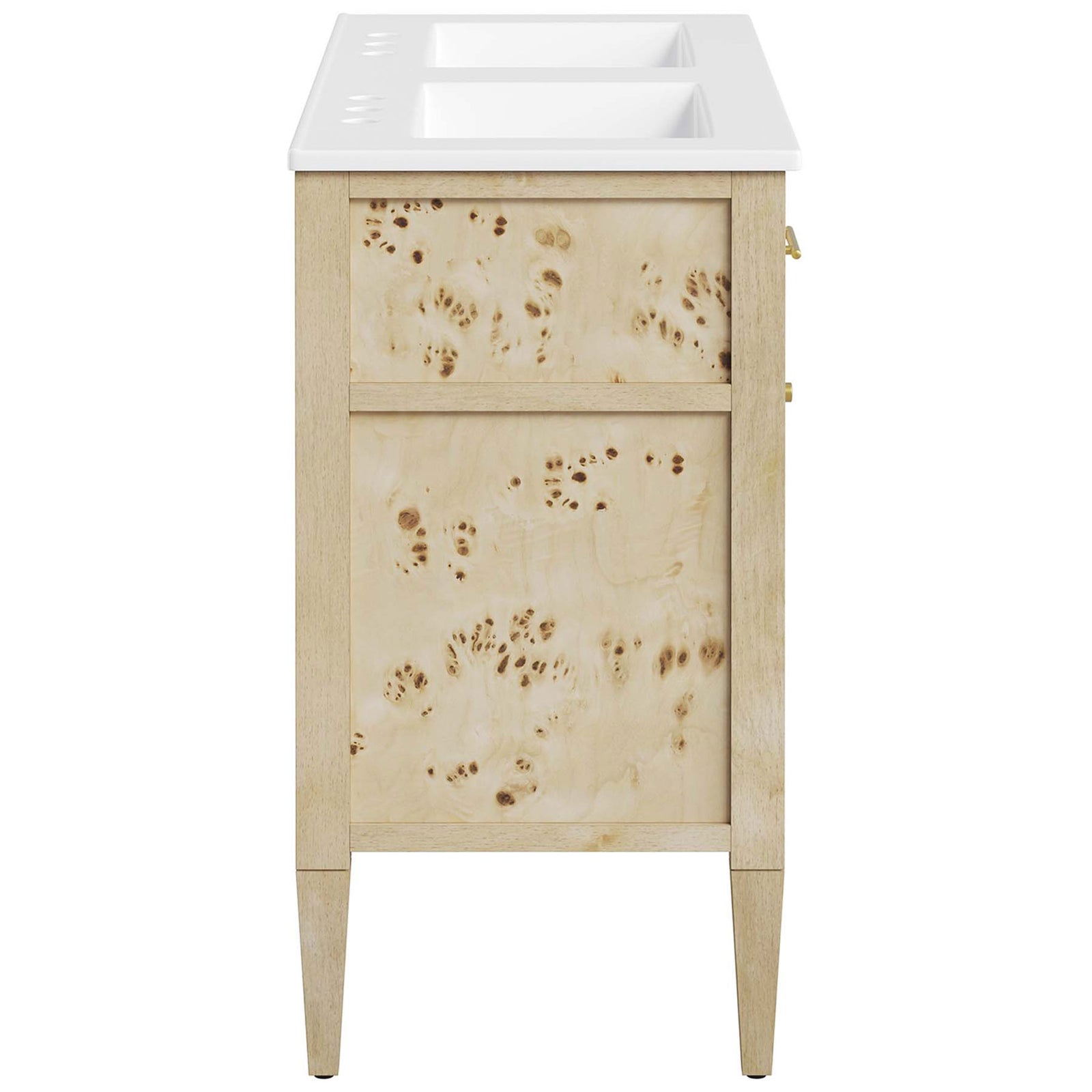 Smooth burl wood side panels and slender legs showcase the natural grain || EEI-6454-WHI-BUR || side_studio