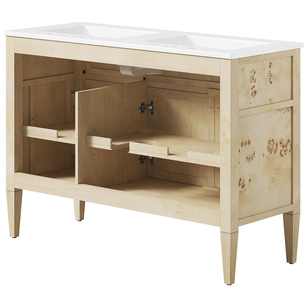 Open back with interior shelving and plumbing cutout for easy access and organization || EEI-6454-WHI-BUR || back_angle_studio