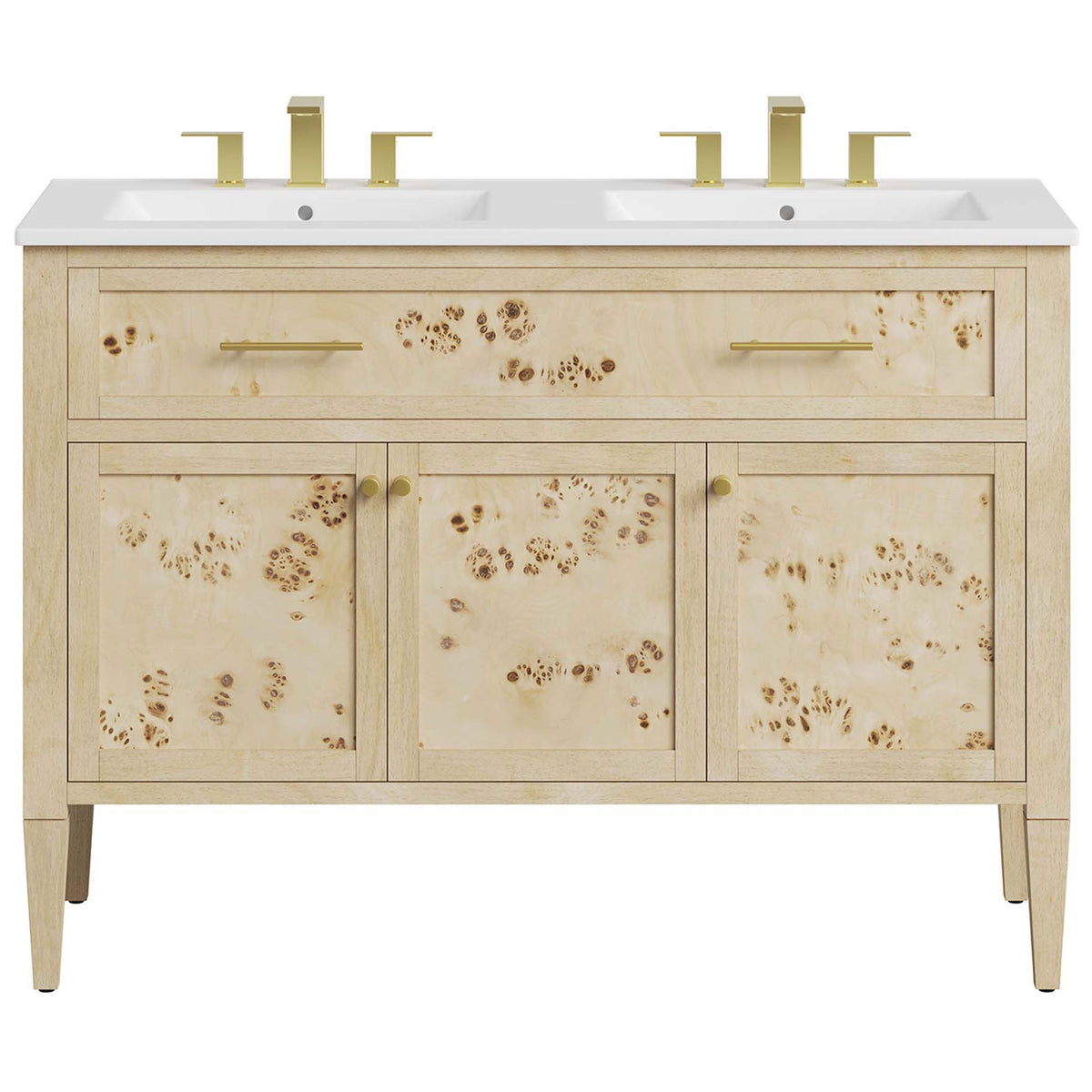 Elegant double sinks atop a burl wood cabinet accented with gold-tone faucets and pulls || EEI-6454-WHI-BUR || front_studio