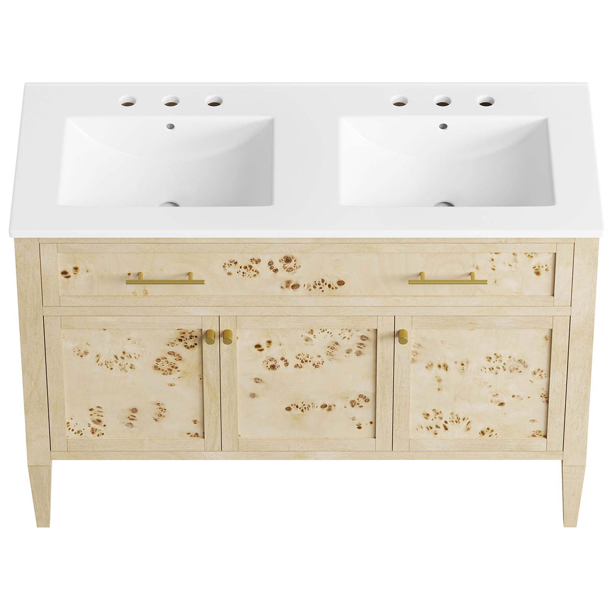 Integrated ceramic double basins with 8-inch widespread holes on a crisp white countertop || EEI-6454-WHI-BUR || top_studio