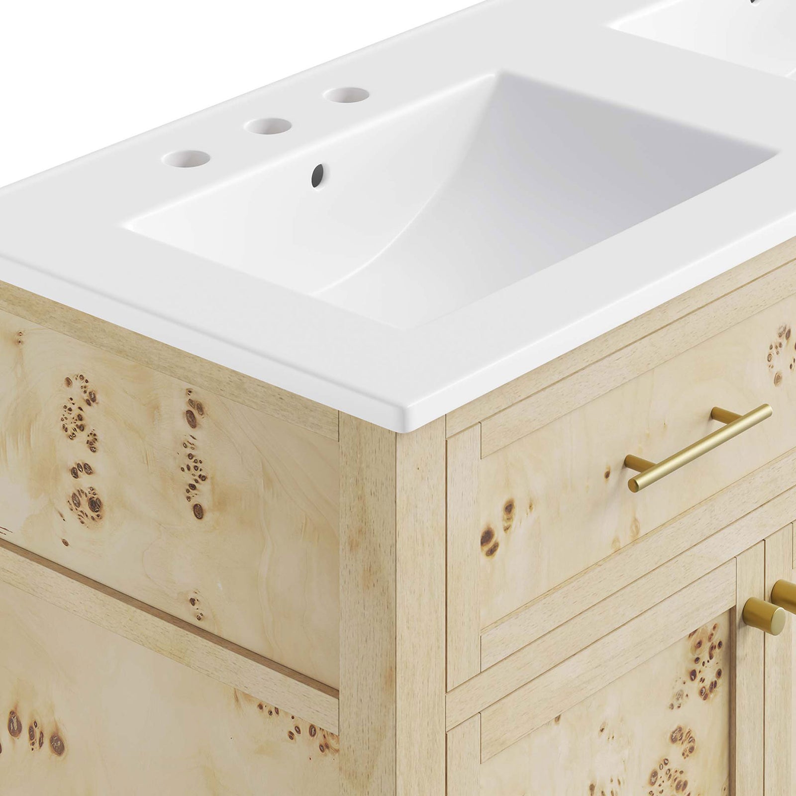 Crisp ceramic basin and smooth countertop edge meet richly patterned burl veneer || EEI-6454-WHI-BUR || detail_studio