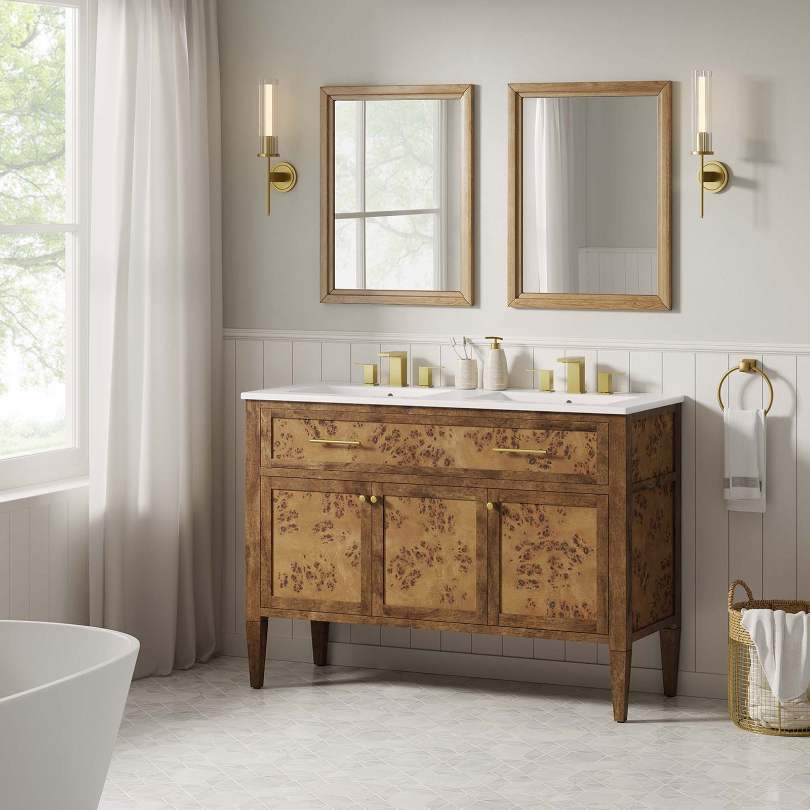 Warm burl wood vanity elevates the bath with brass accents and a crisp white double-sink top || EEI-6456-WHI-BRN || front_angle_room